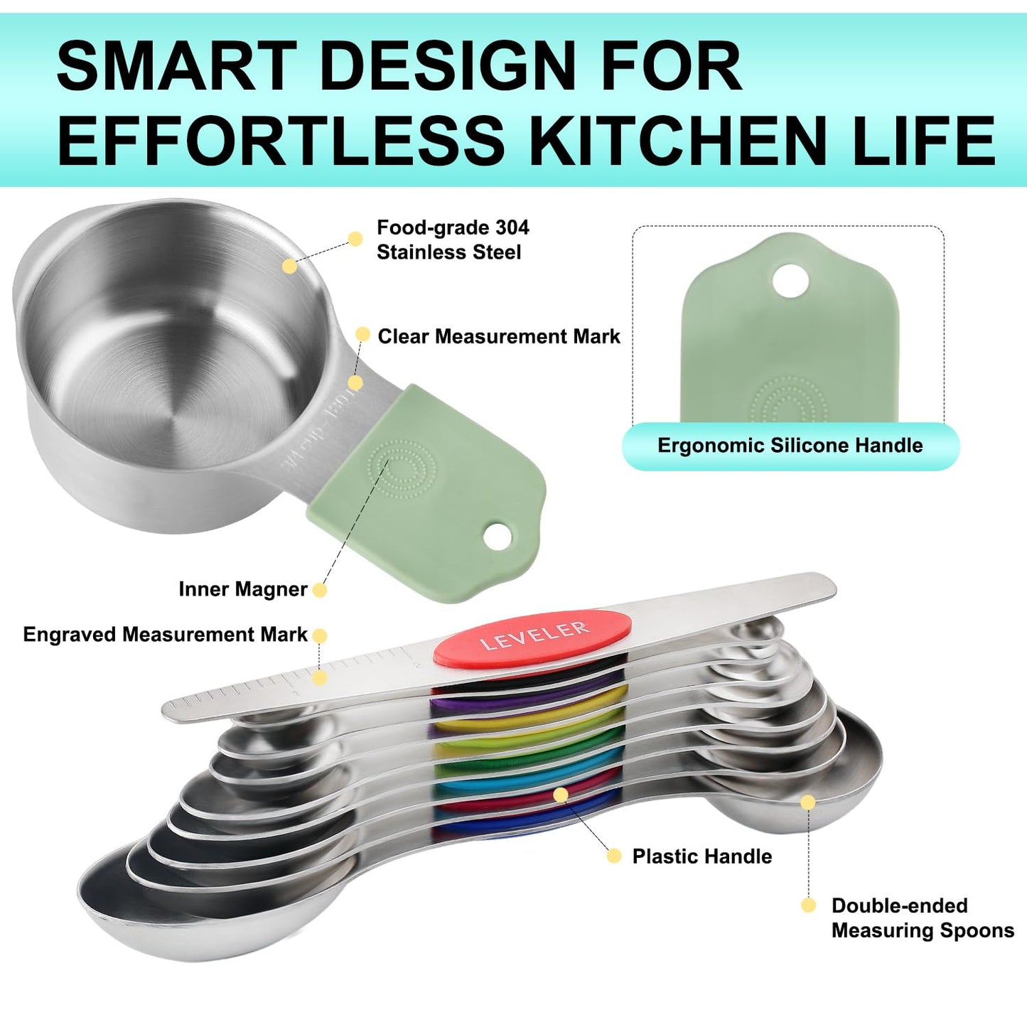 16 Pcs Magnetic Measuring Cups and Spoons Set,Stackable Metal Measure Cup for Measuring Dry and Liquid Ingredients,Kitchen Dry Food, Cooking Baking Measurements
