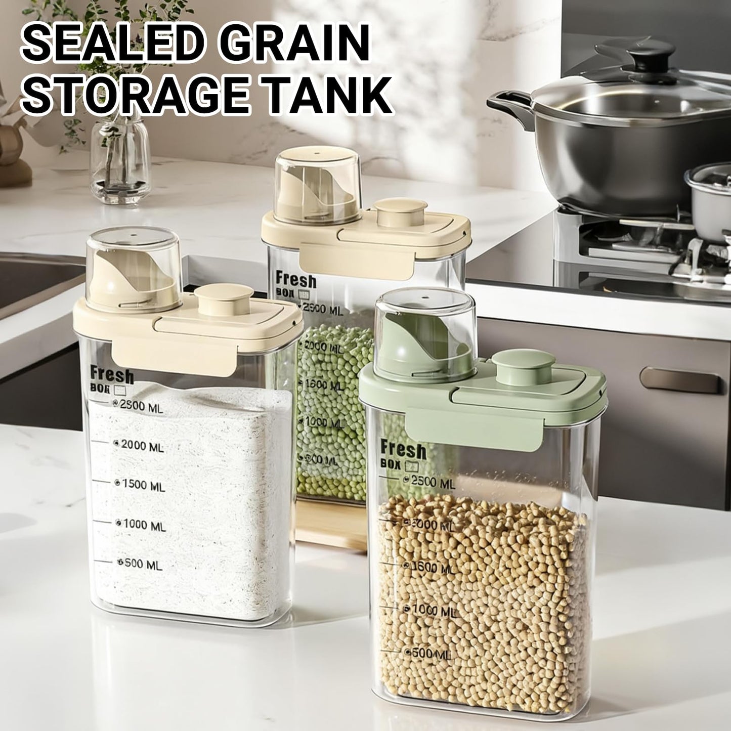 WHuaRunSen Air Tight Cereal Container Organizer-2 Pack 2.8L Food Storage Container with Outlet Measuring Cup Lid, Ideal for Dry Food, Rice, Sugar, Pet Food dispenser - BPA free(Green)