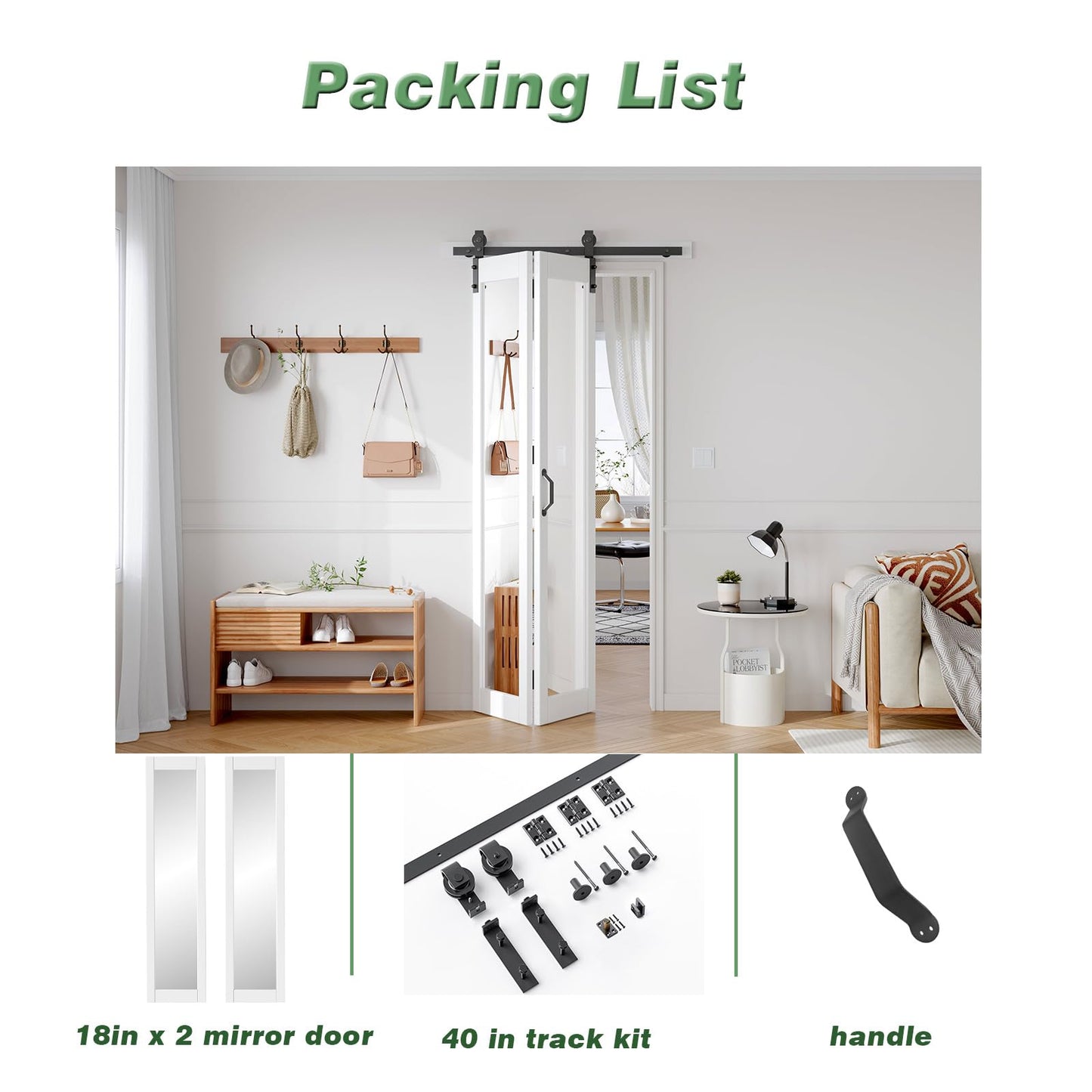 FREDBECK Bifold Barn Door 36x84 (Double 18x84) Hardware Kit Included,40" Track for 2 Doors, PVC, White,for Living Room, Bathrooms, Kicthen