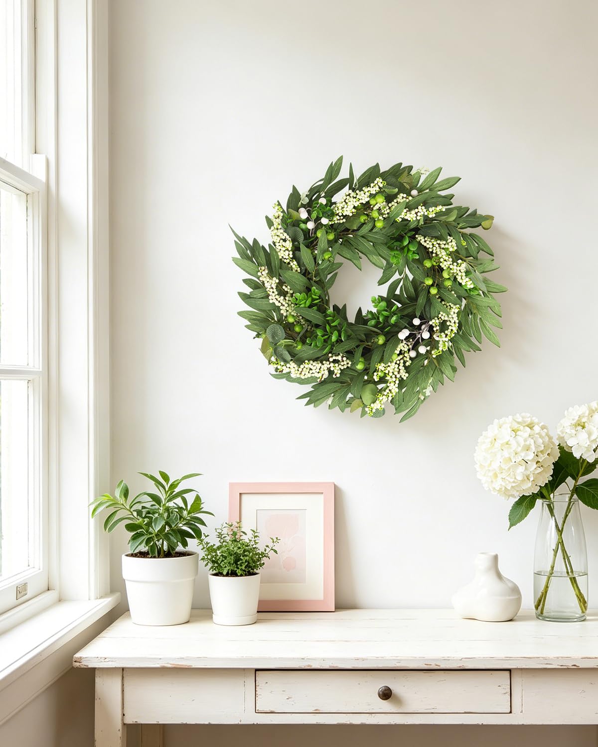 20in Wreath for Front Door,Spring Wreaths with Welcome,Greenery Summer Wreath for All Season,Farmhouse, Outdoor, Porch, Garden, Wedding Decor