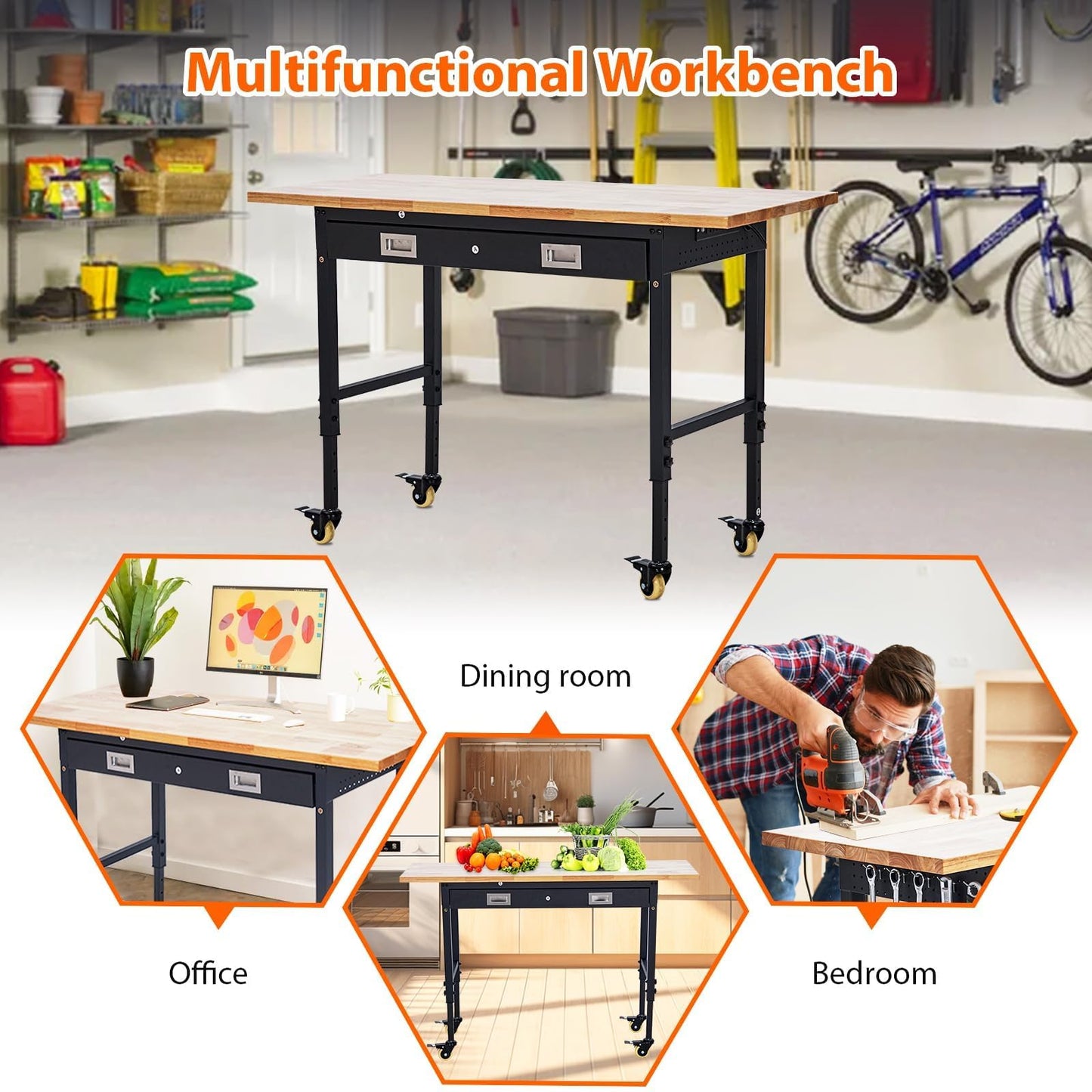 Adjustable Workbench for Garage, 48" Heavy Duty Rolling Work Bench with Power Outlet & Storage Drawer, 2000 LBS Capacity Solid Wood Top Shop Table for Workshop Home Office