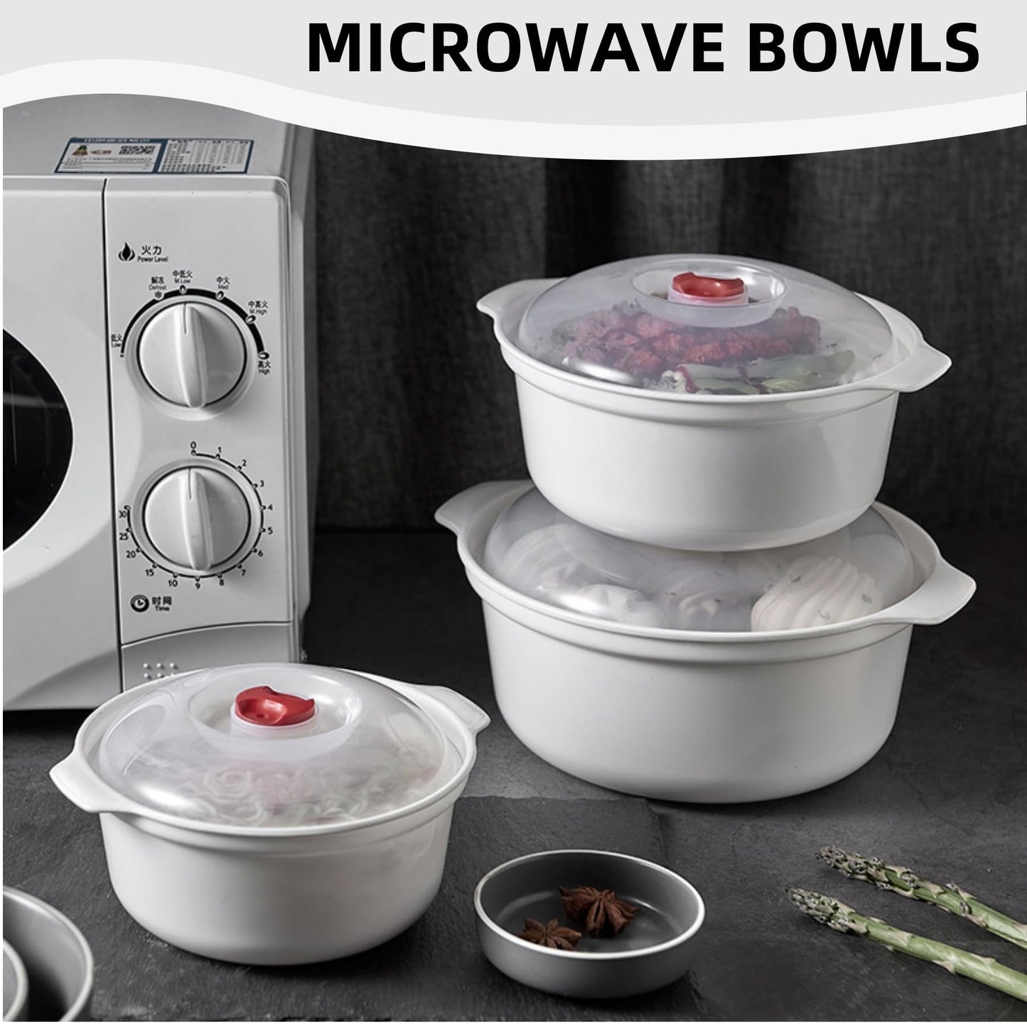 WRINGKIT 3 Pack Microwave Bowls with Lid, BPA-free Ramen Cooker Soup Containers with Steamer, Mixing Serving Bowls Food Storage Cookware for Kitchen, Office, College Dorm