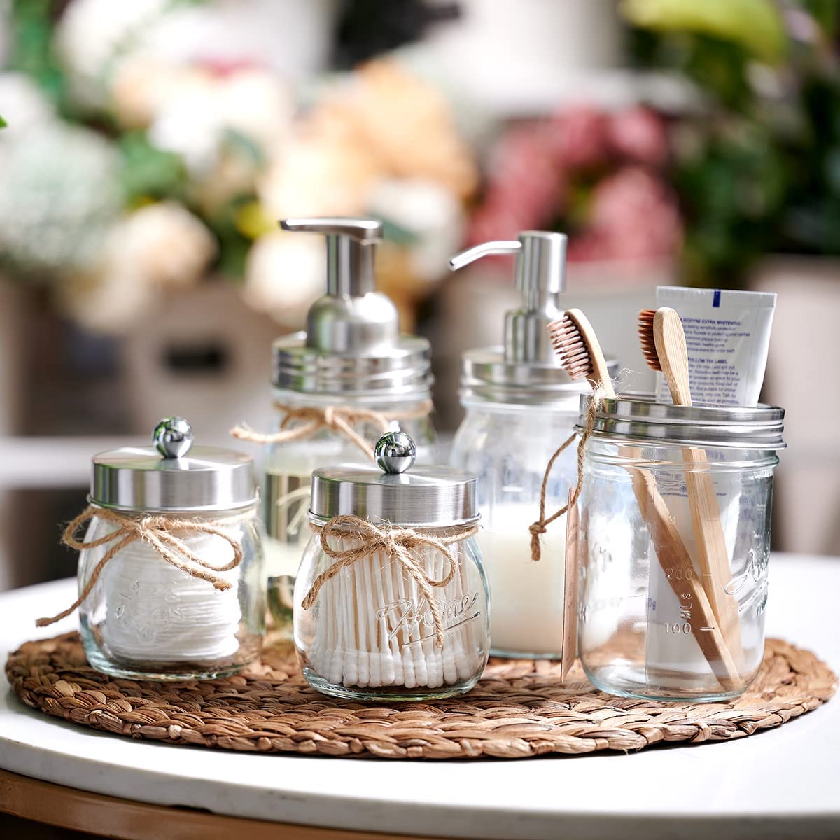Amolliar Mason Jar Bathroom Accessories Set(4 Pack) - Foaming Soap Dispenser&Qtip Holder &Toothbrush Holder-Rustic Farmhouse Decor Bathroom Organizer Apothecary Jar Country Countertop (Brushed Nickel)