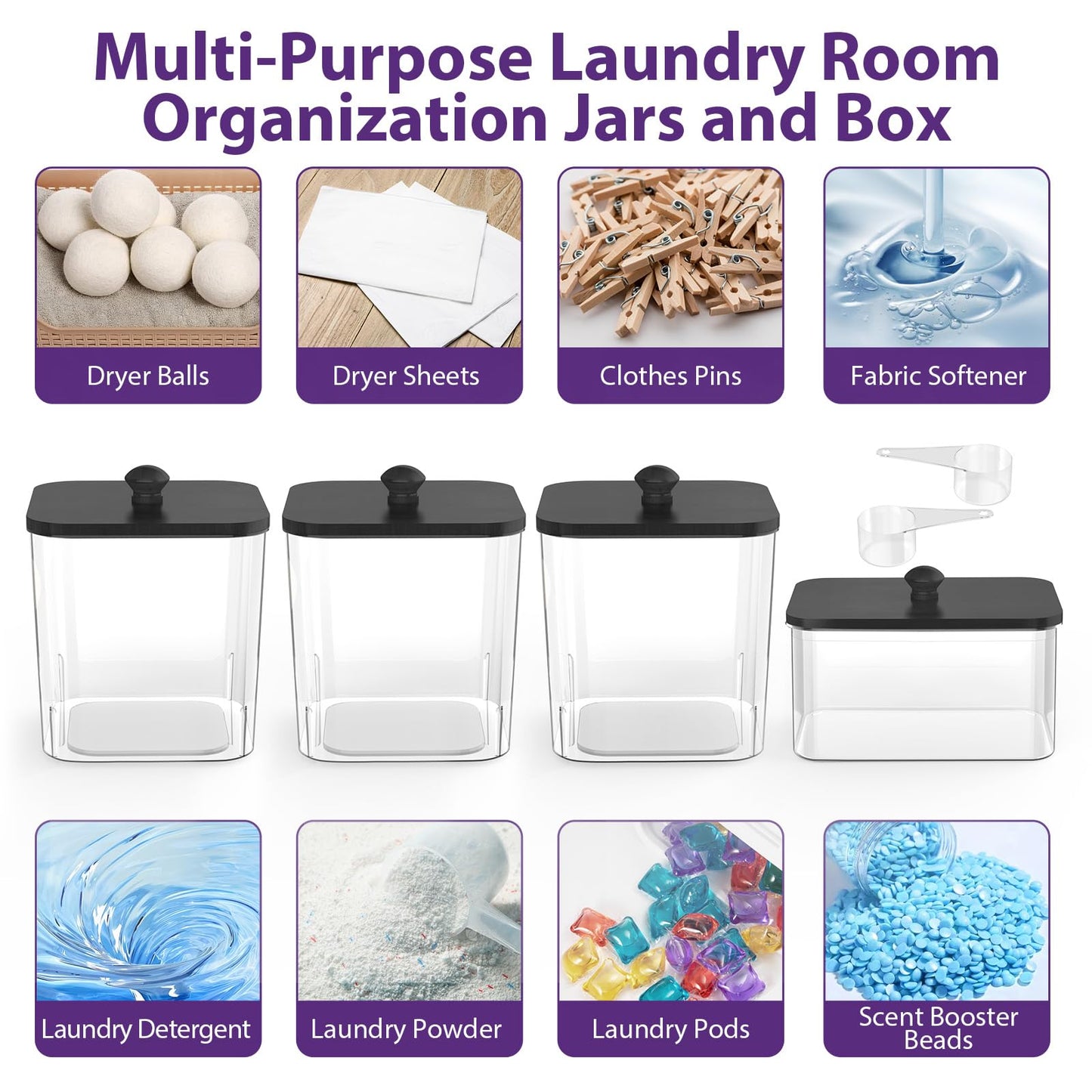 COAZEX 3+1 Pack Clear Laundry Pods Container & Dryer Sheet Holder, Plastic Square Laundry Room Organization and Storage Jars with Black Lids, Scoops & Labels for Detergent, Powder, Dryer Balls