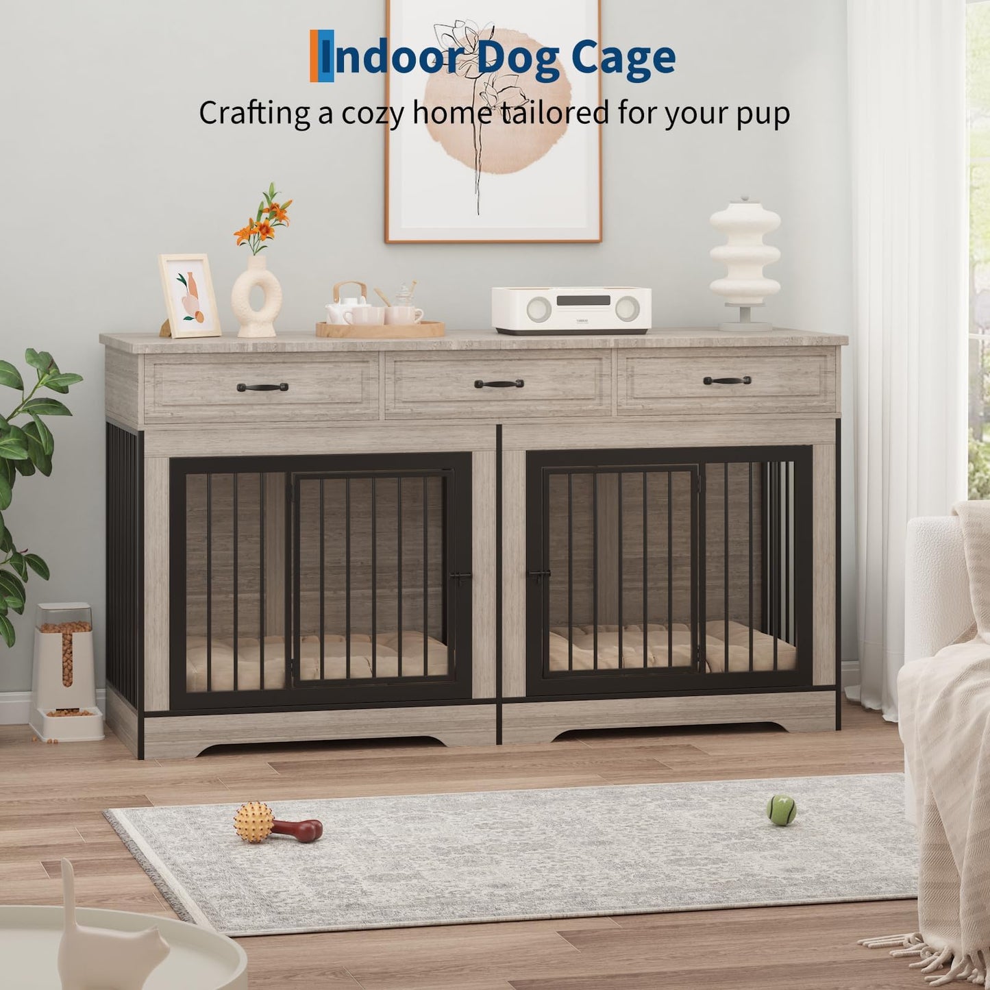 Extra Large Double Dog Crate Furniture – 70.9" Heavy Duty Wooden Kennel for 2 Medium or Large Dogs, Decorative End Table with 3 Drawers, TV Stand, Indoor Dog Cage with Double Doors