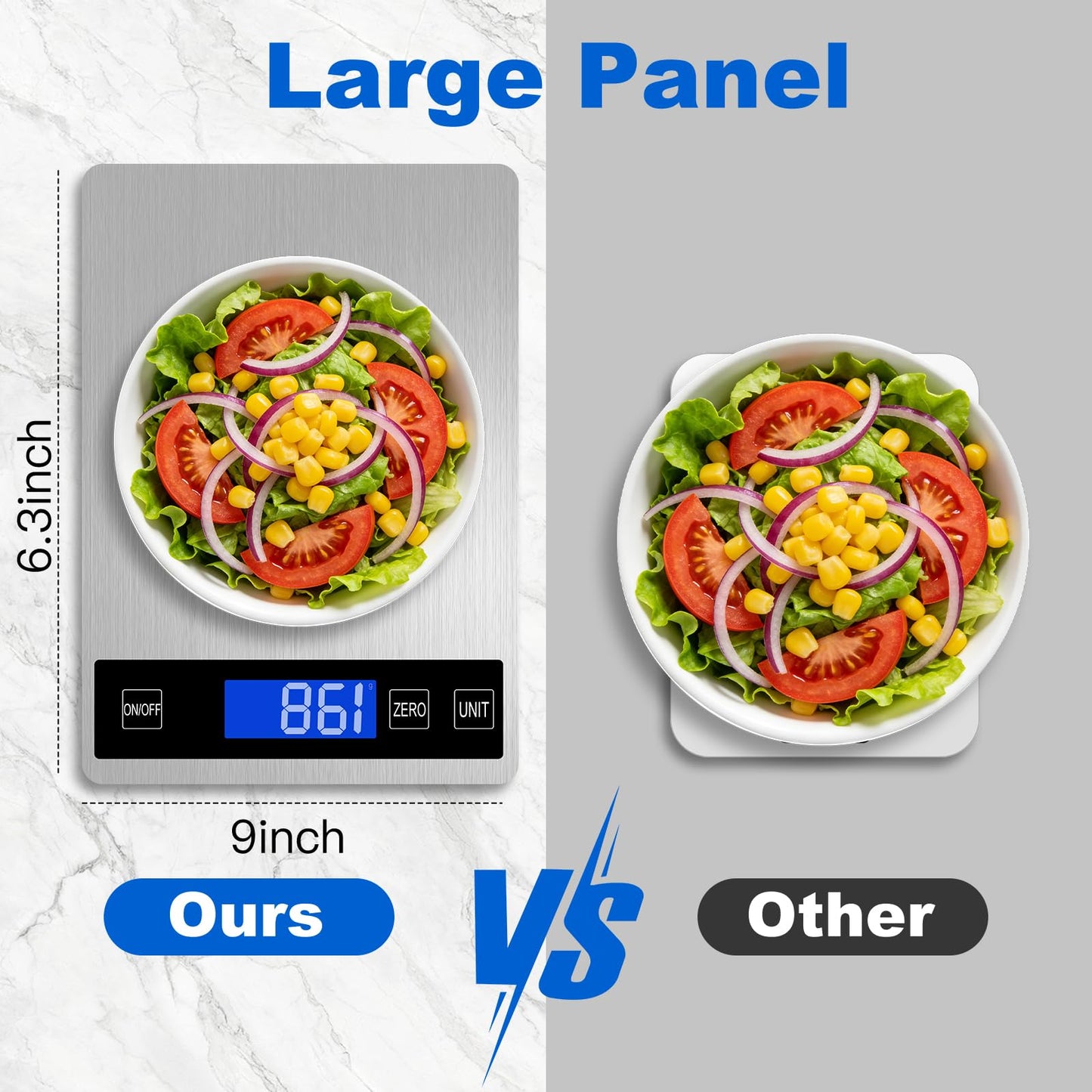 Girwu Food Scale, 22lb Digital Kitchen Scale with 1g/0.1oz Accuracy, 5 Units (g/kg/lb:oz/ml/fl.oz), Backlit LCD, 9x6.3x0.8 Inch Stainless Steel Panel, Hidden Hook, Batteries Included