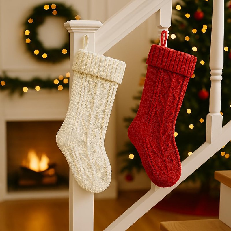 PUKUPIG 18 Inch White Christmas Stocking, Extra Large Cable Knit Holder, Xmas Stocking for Fireplace, Mantel, Festival Party or Wall Hanging
