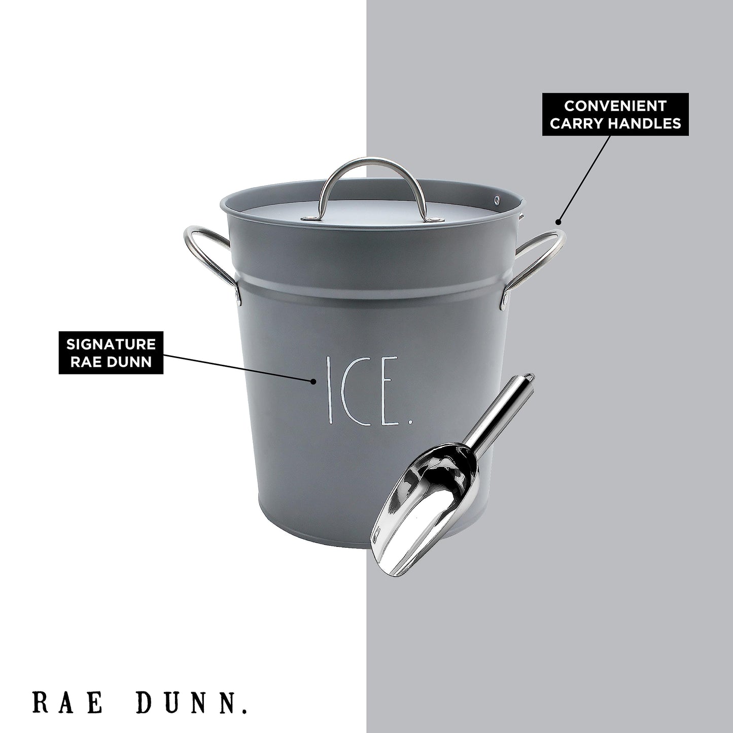 Rae Dunn Ice Bucket with Scoop - Stainless Steel Bucket with Handle, Lid and Ice Scooper - 4 Qt. Storage Bin for Ice Cubes for Bars, Parties, Backyard Barbeques, Picnics, and Camping (Grey)