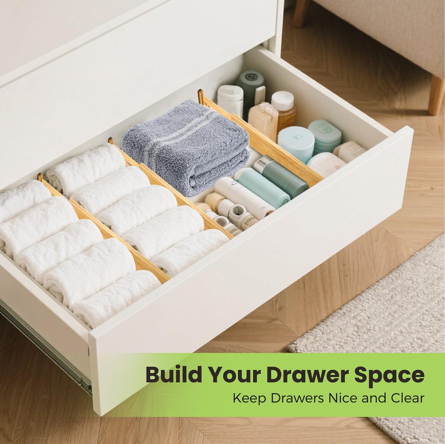 Fyvva Drawer Divider, Adjustable Bamboo Kitchen Drawer Organizer, Spring Loaded Drawer Organizer, Dresser Separators for Kitchen, Bathroom, Clothes, Office Desk Storage (Natural, 4 Pack Large)