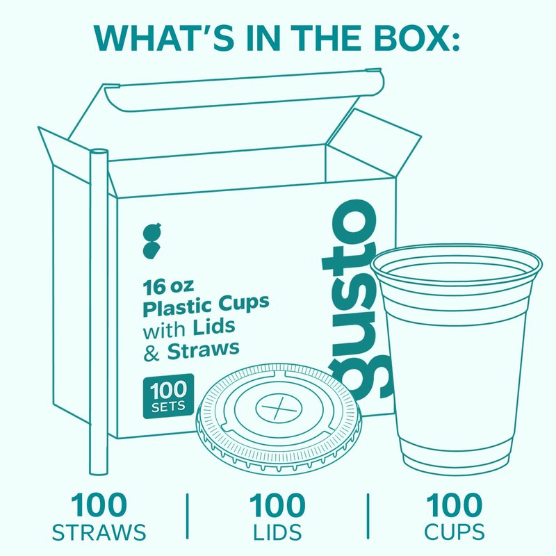 GUSTO - 16 oz - 100 Sets - Clear Plastic Cups with Lids and Straws – Disposable Iced Coffee Cups for Cold Drinks, Smoothies, Boba, and To-Go Beverages – Sturdy, Easy-to-Separate