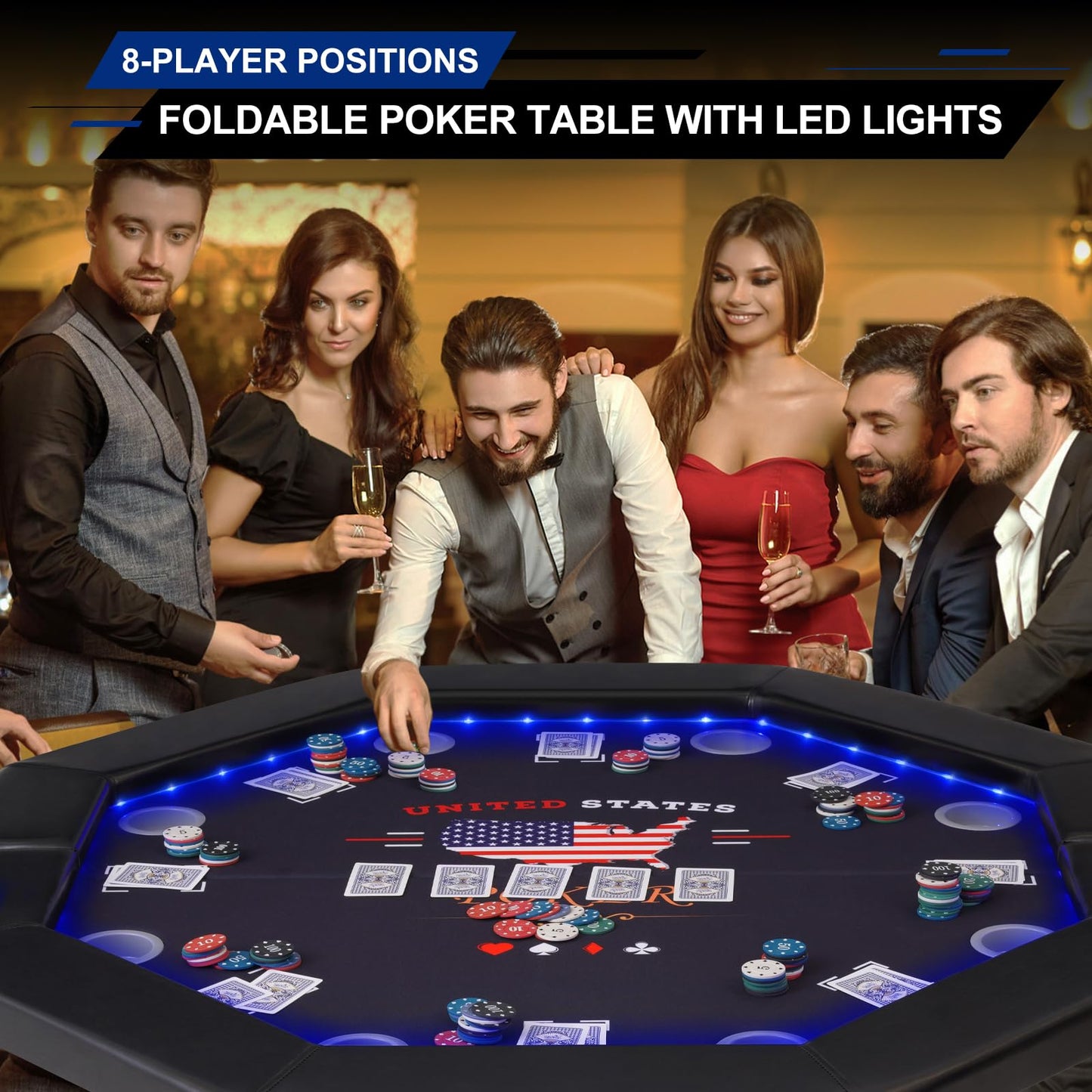 REAHOISY 48" LED Poker Table, 8 Players Foldable Octagonal Casino Table for Home Game Room, Folding Texas Holdem Board Game Table with LED Light & Padded Armrest & Cup Holders