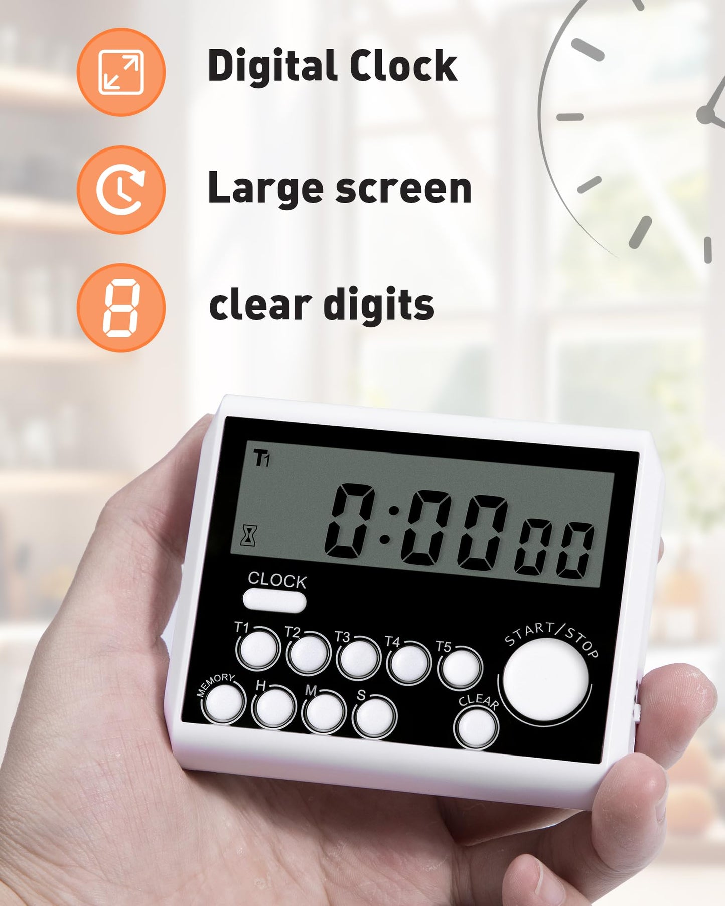 TPNEG Digital Kitchen Timer: 5-Channel Magnetic Digital Clock Timer with Count Up/Down, Alarm, and Replaceable 3A Battery - Ideal for Cooking Pasta and More, Food Timer for Seniors
