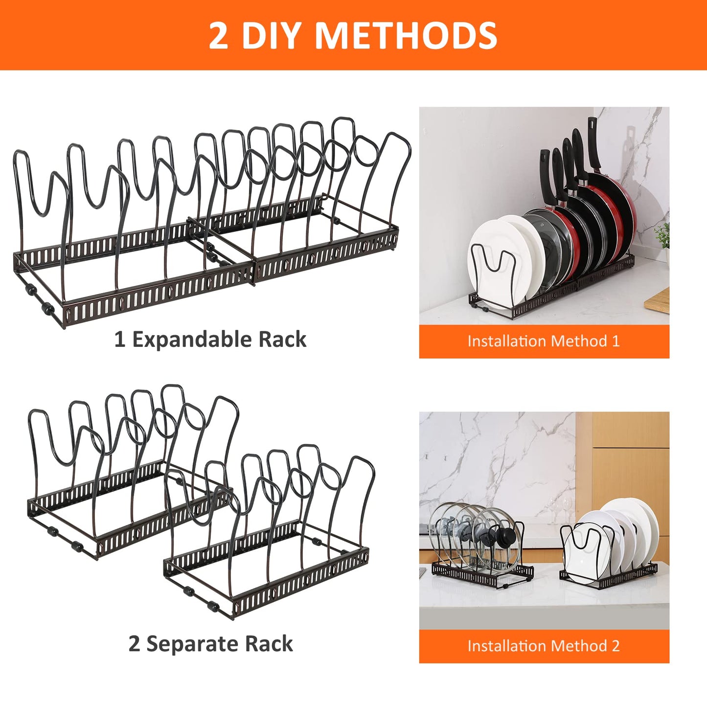 Pot Rack Organizer -Expandable Pot and Pan Organizer for Cabinet,Pot Lid Organizer Holder with 10 Adjustable Compartment for Kitchen Cabinet Cookware Baking Frying Rack,Bronze
