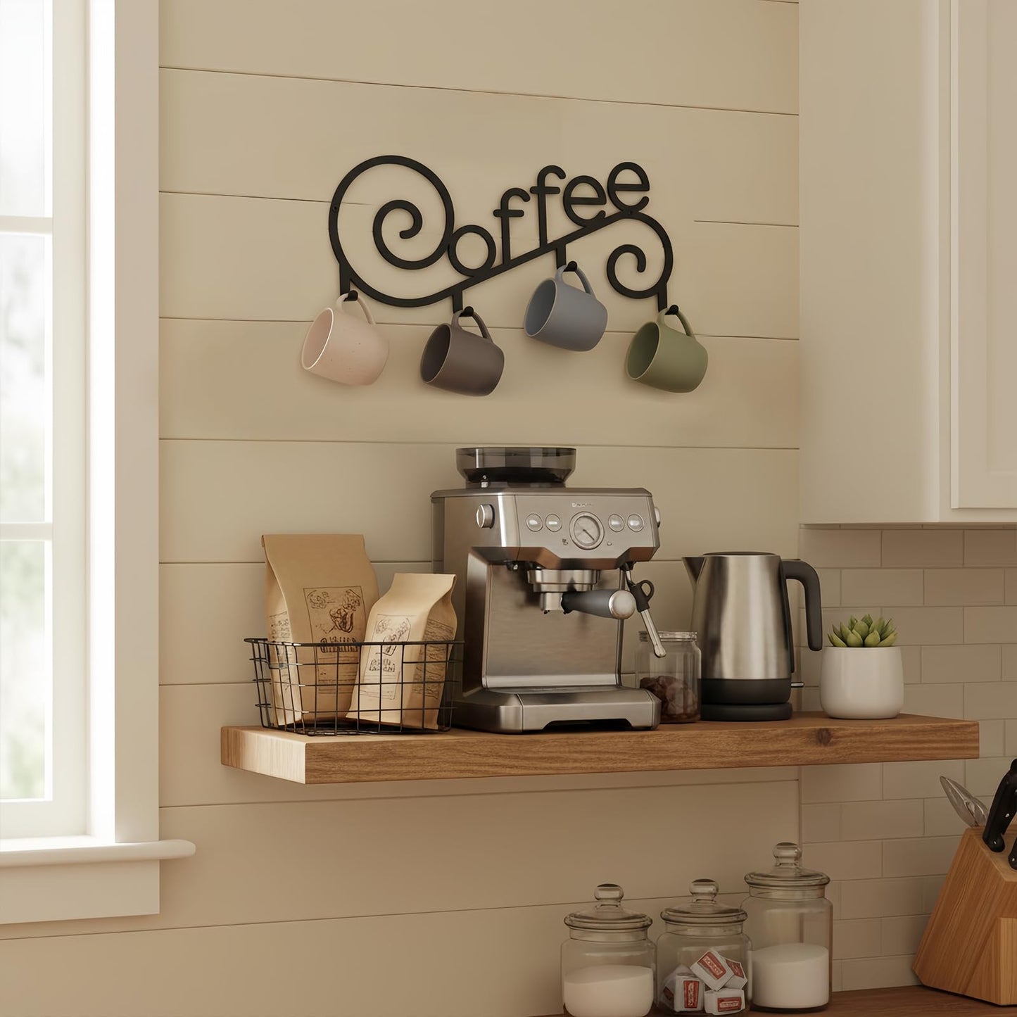 WOPARTY Metal Wall Mounted Coffee Cup Mug Holder with 4 Hooks, 15.75 x 6.3 Inch, Decorative Coffee Bar,Kitchen, Bar Station Accessories Decor
