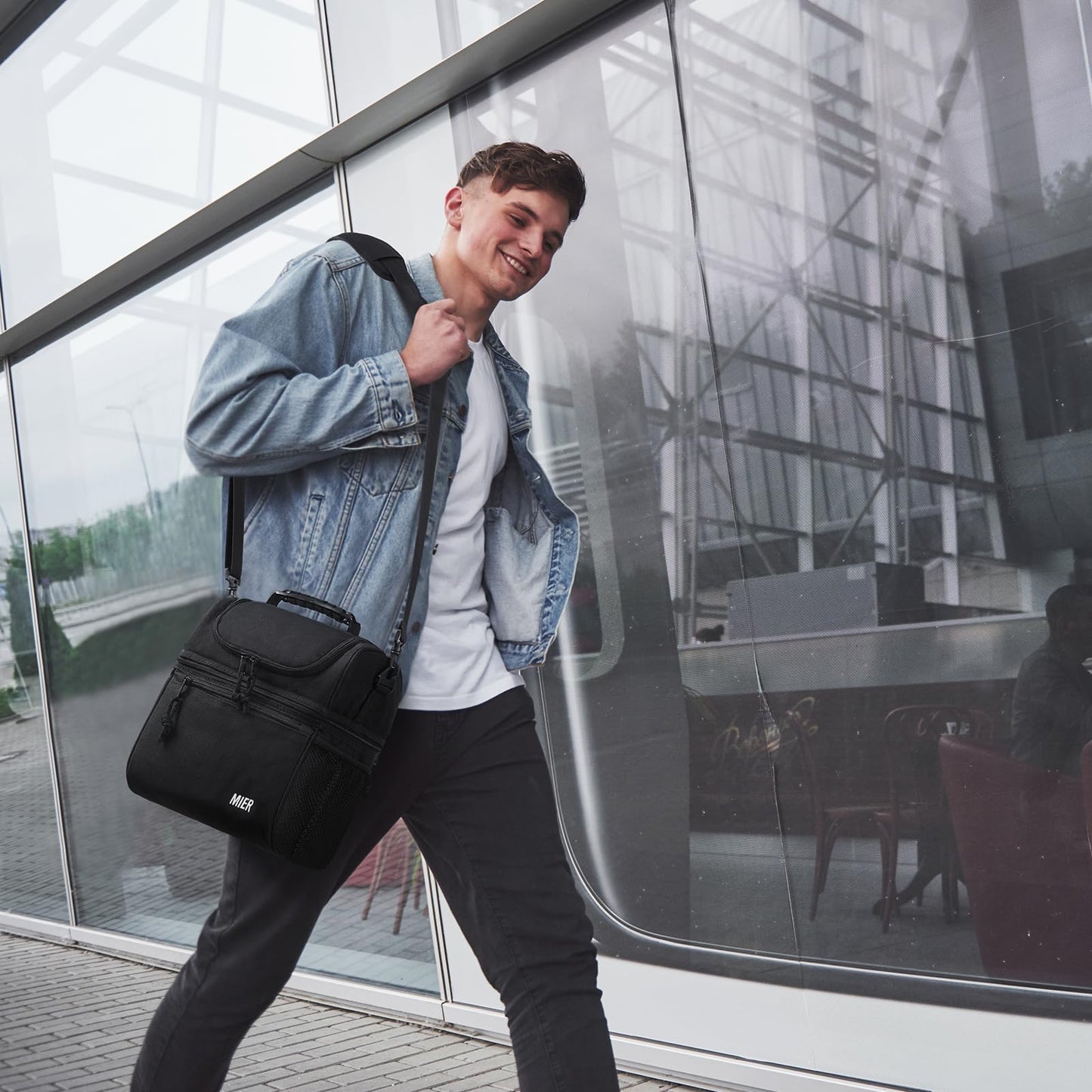 MIER Insulated Lunch Box Dual Compartment Lunch Bag Leakproof Cooler for Men Women Adult Work, Black, Medium (Upgraded Extra-Tall Bottom Layer)