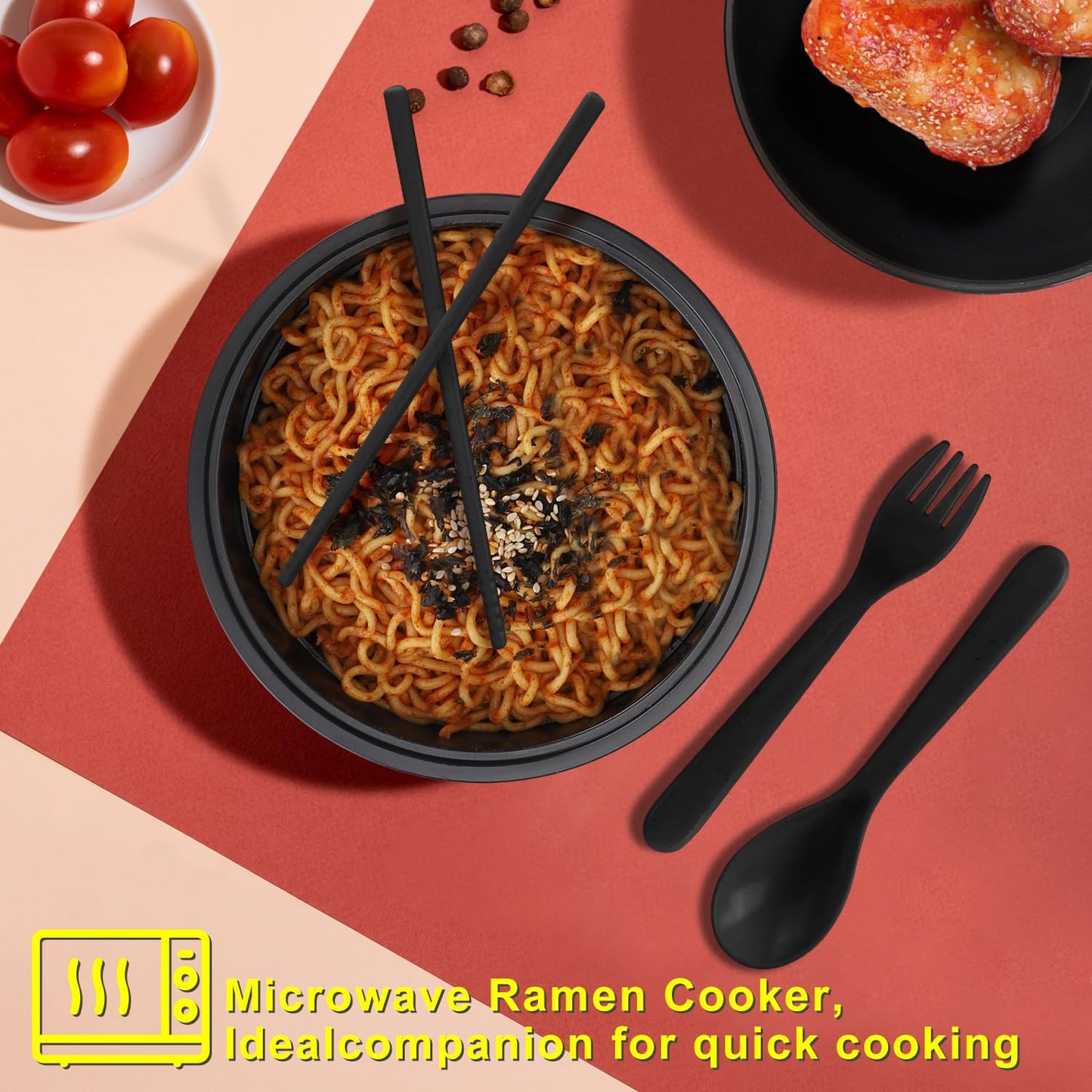 UUGLAM Ramen Bowl Set, Ramen Cooker 33 oz, Ramen Bowls with Chopsticks and Spoon, Microwave Pasta Cooker, College Dorm Essentials for Girls Guys (Black)