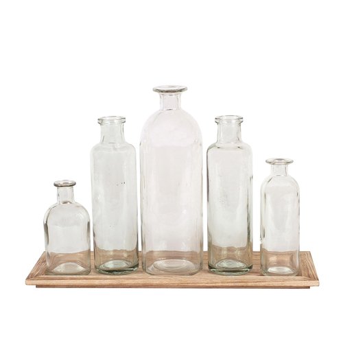 Creative Co-Op Set of 5 Vintage Bottle Vases on Wood Tray