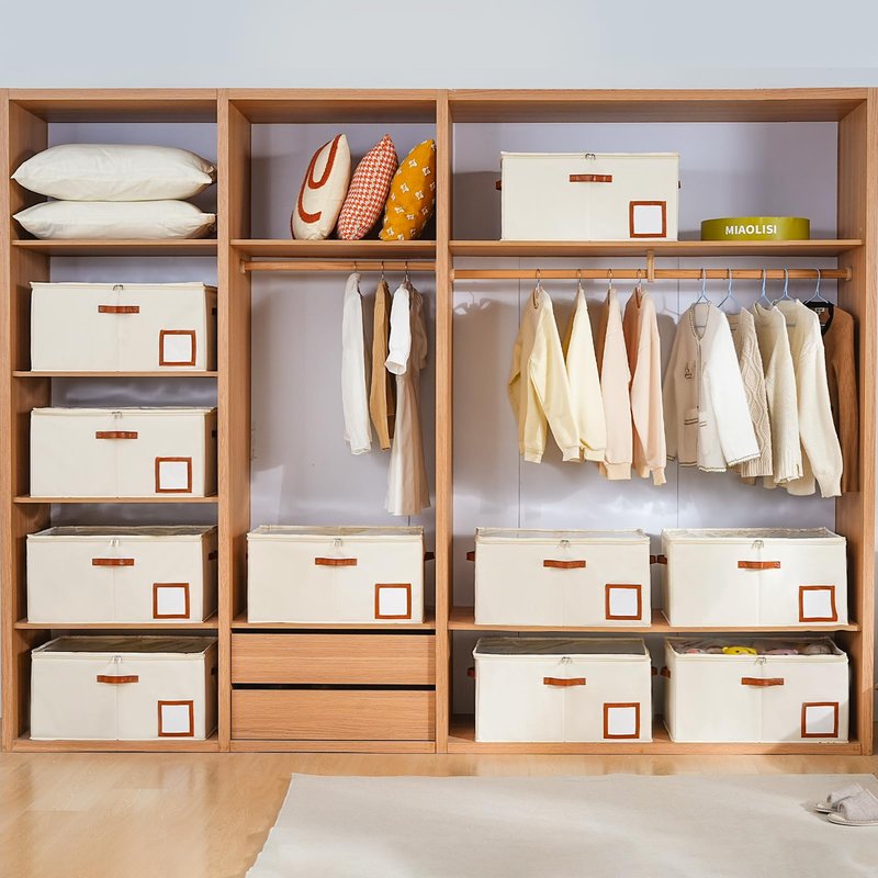 INSTY Shoe Organizer for Closet Fit 24 Pairs, Large Foldable Shoe Storage Containers Box Bin w/Adjustable Dividers and Clear Cover, Space Saving Shoe Storage Organizer Box, Beige