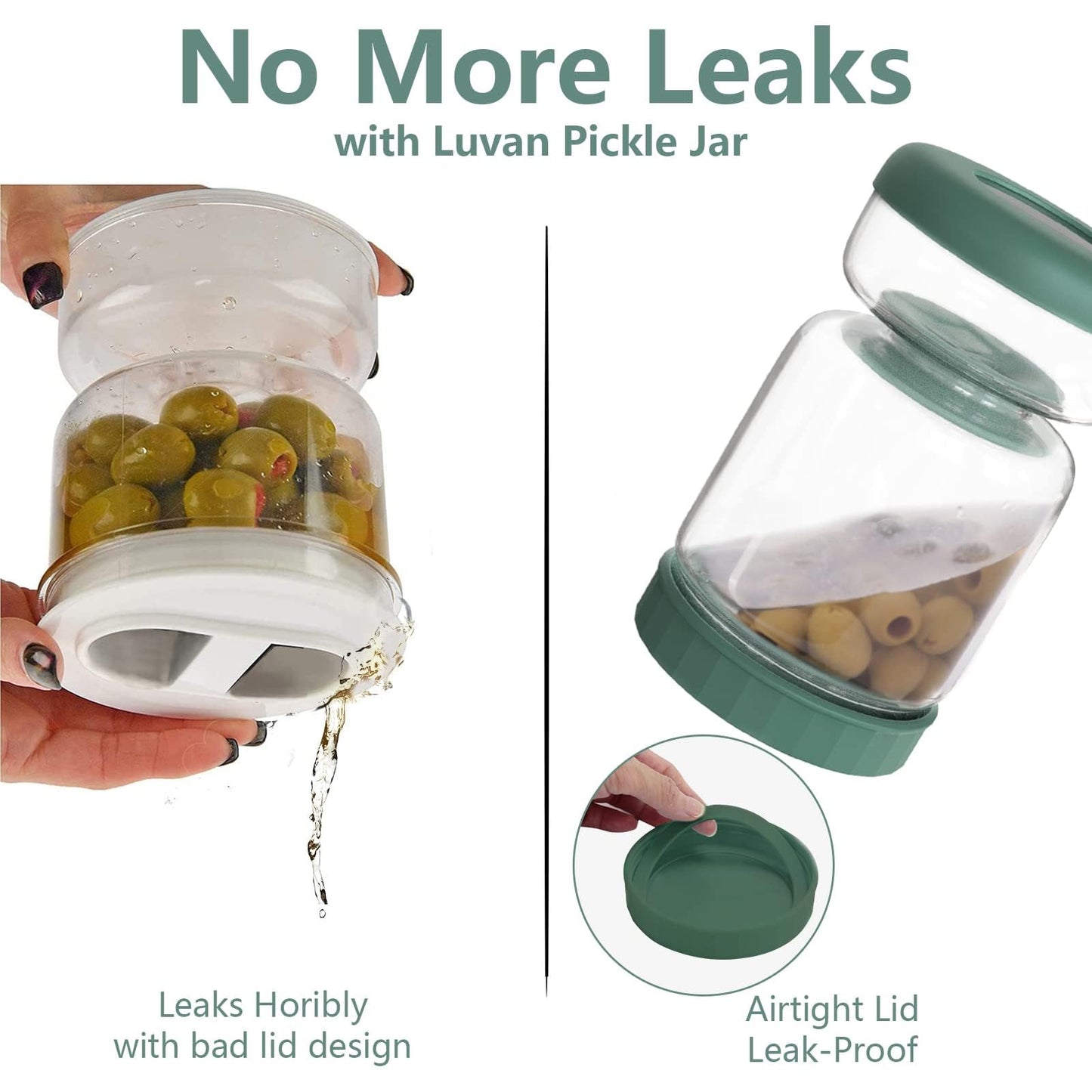 Luvan Glass Pickle Jar, 34oz Pickle Container with Strainer, LeakProof Kraut and Olive Hourglass Jug, Olive Jar with Airtight Lid, Multifunction Jalapeno Container, Gherkin Flip Jar for Fridge