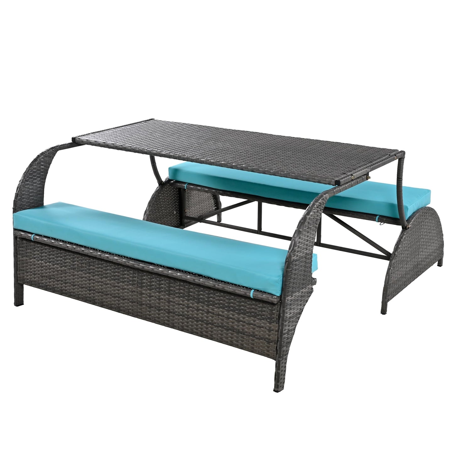 Llsmnba 2-in-1 Outdoor Convertible Bench to Picnic Table, Loveseat Sofa Set with Cushions, Patio Dining Furniture Set, Blue Cushion