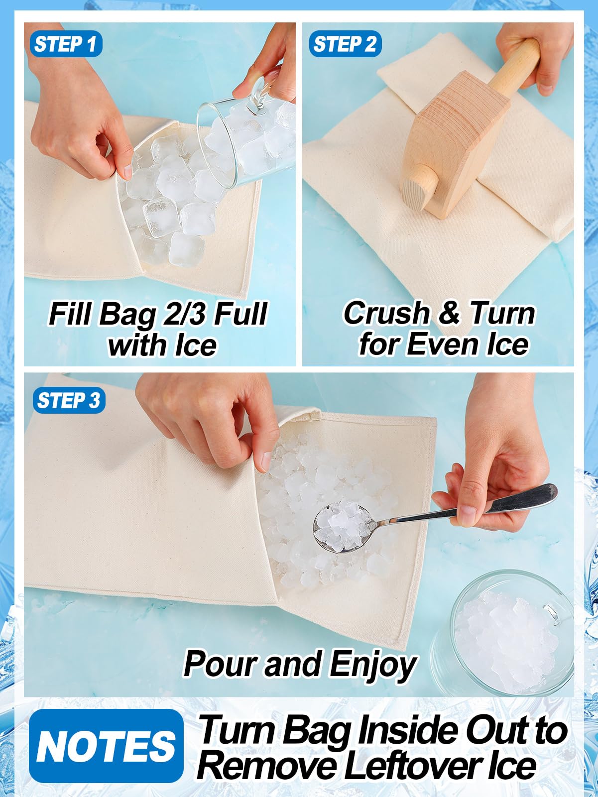 2 Pack Enlarged Canvas Ice Crusher Bags with 1 Mallet -16.5" × 8.7" Reusable Lewis Bags with Wooden Mallet for Home Kitchen Bar Party Ice Breaking
