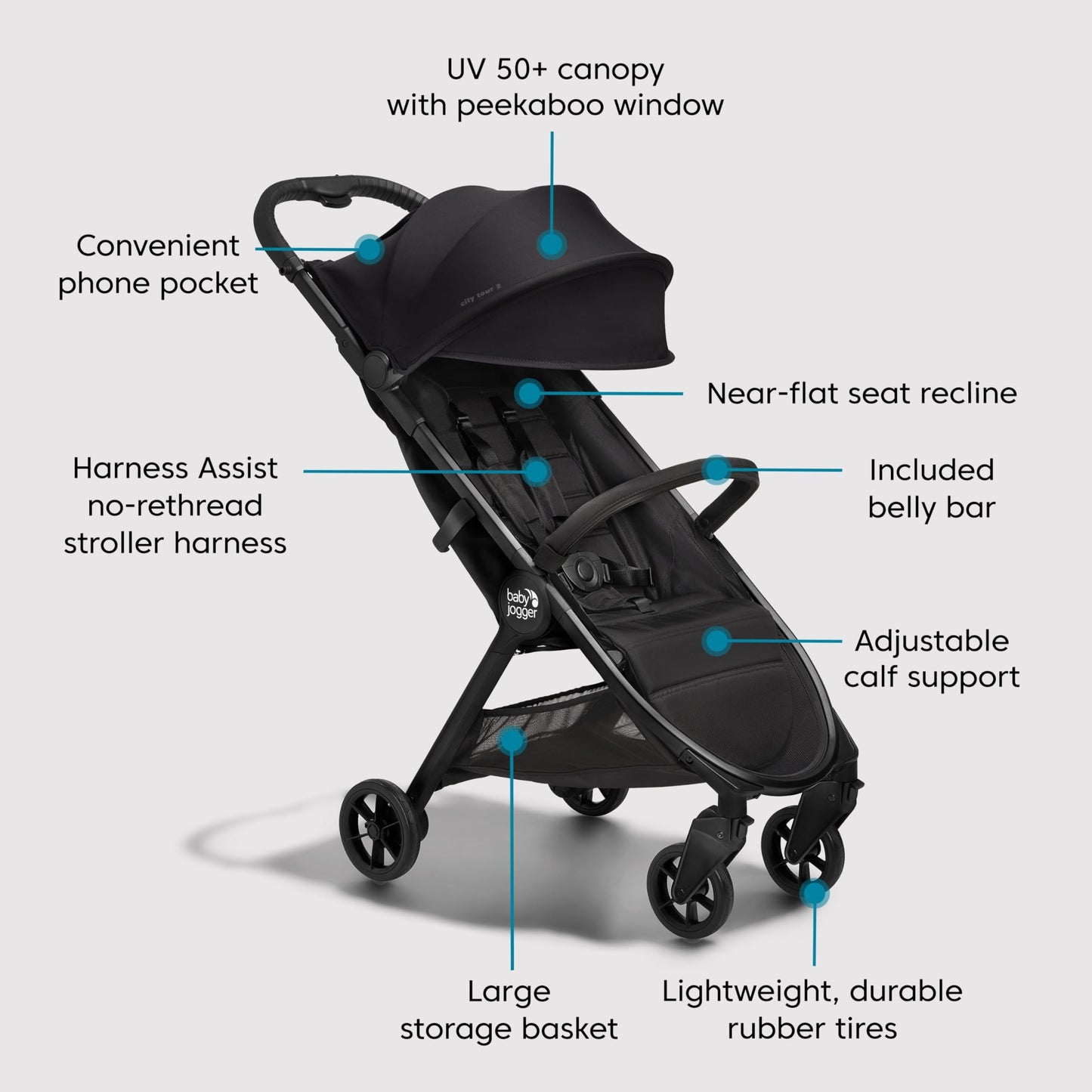 Baby Jogger® City Tour 2 Ultra-Compact Carry-On Approved Travel Stroller with Belly-Bar, Lightweight Baby Stroller with Easy One-Step Fold, Baby Travel Essential, Eco Black