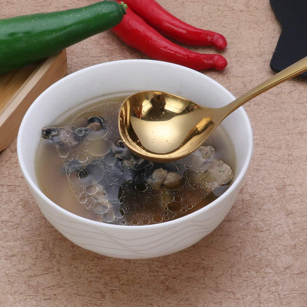 GuDoQi Soup Ladle, 3 Pack Durable 304 Stainless Steel with Polished Titanium Plated Big Volume Soup Spoon, Kitchen Gadget Utensil,8 Inch, Gold