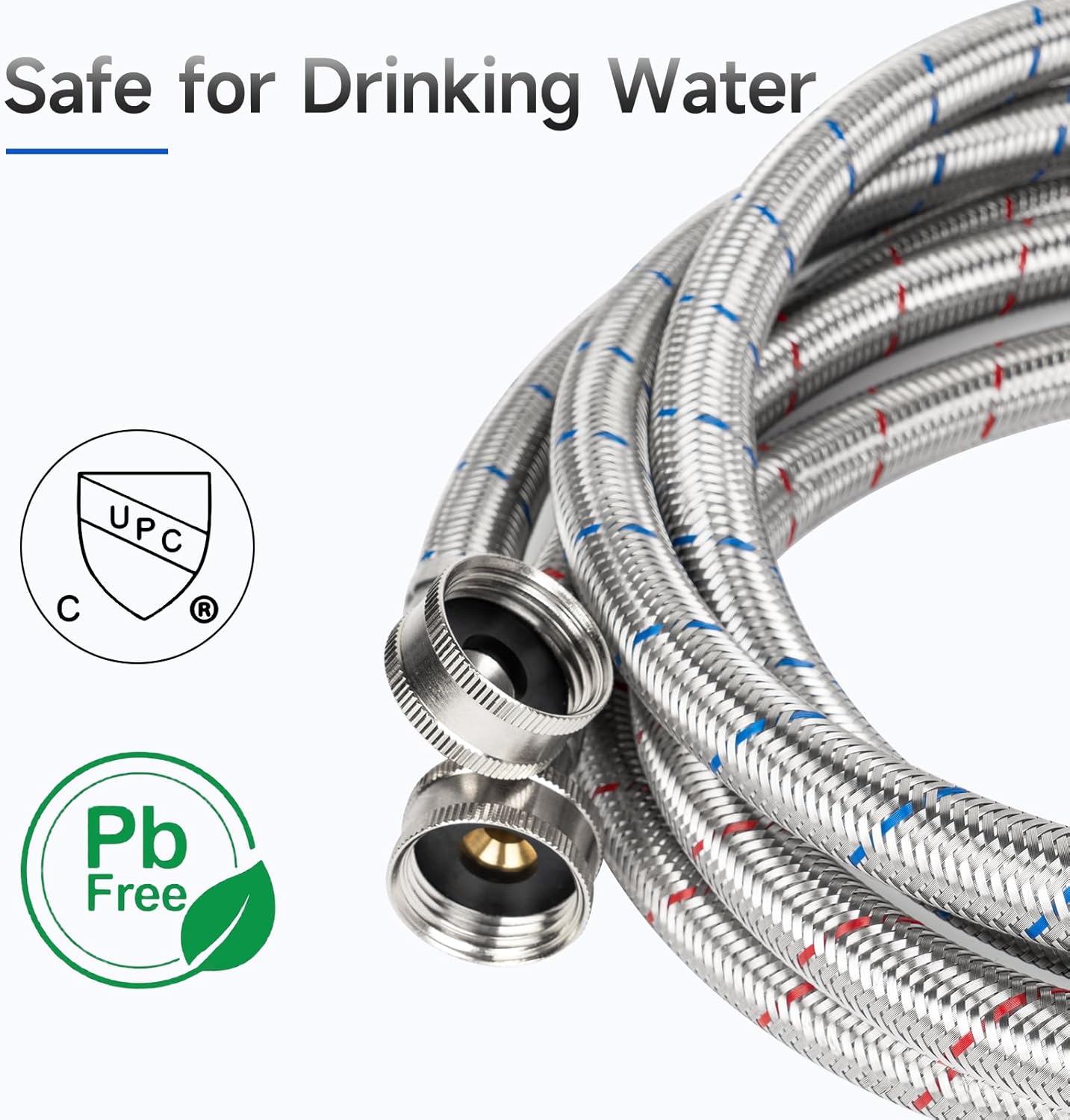 JUWO 6 FT Washing Machine Hoses with 90 Degree Elbow, 3/4" FHT Stainless Steel Washer Hoses for Water Supply, Red & Blue