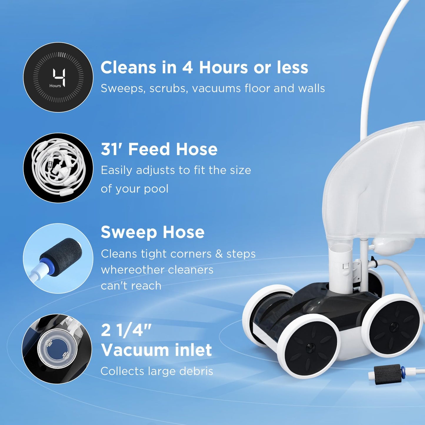 MAKHOON Upgrade Pool Pressure Side Sweeper with Feed Hose – Professional Pool Cleaner for Efficient Swimming Pool Cleaning, Stable 4-Wheel Structure Design