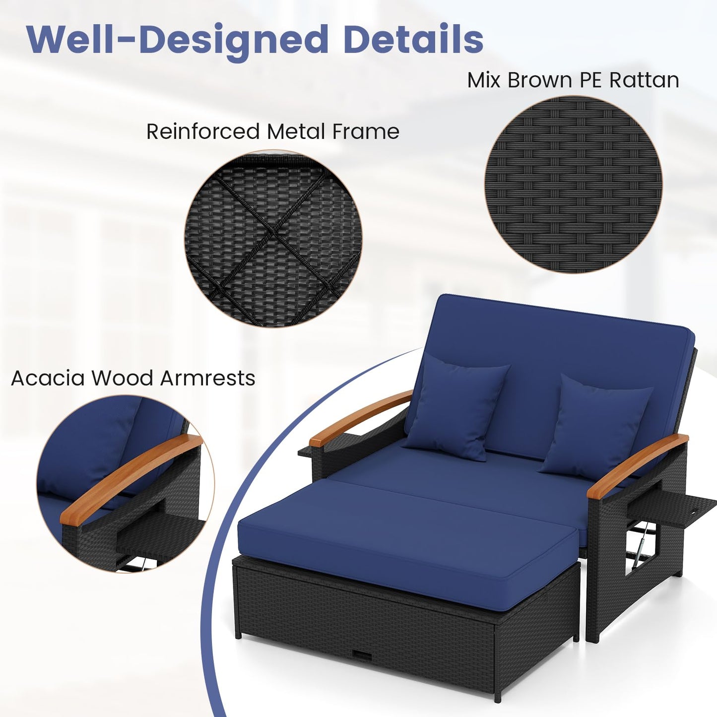 Tangkula Patio Rattan Daybed with 4-Level Adjustable Backrest, Outdoor Wicker Loveseat with Acacia Wood Armrest, Storage Ottoman & Folding Tray, Double Sunbed for Yard & Poolside (Navy & Black)