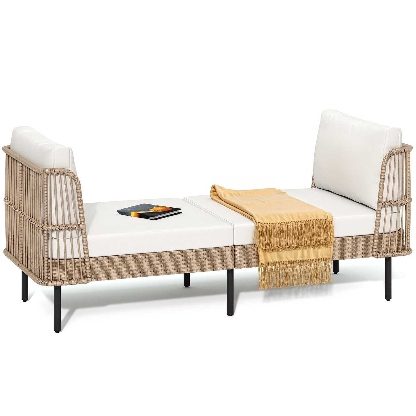 YITAHOME Wicker Outdoor Chaise Lounge, Oversized Patio Love Sofa, 74 Length Outdoor Indoor Upholstered Sofa Recliner Daybed with Thickness Cushion Indoor Lounger for Balcony Garden Pool - Beige