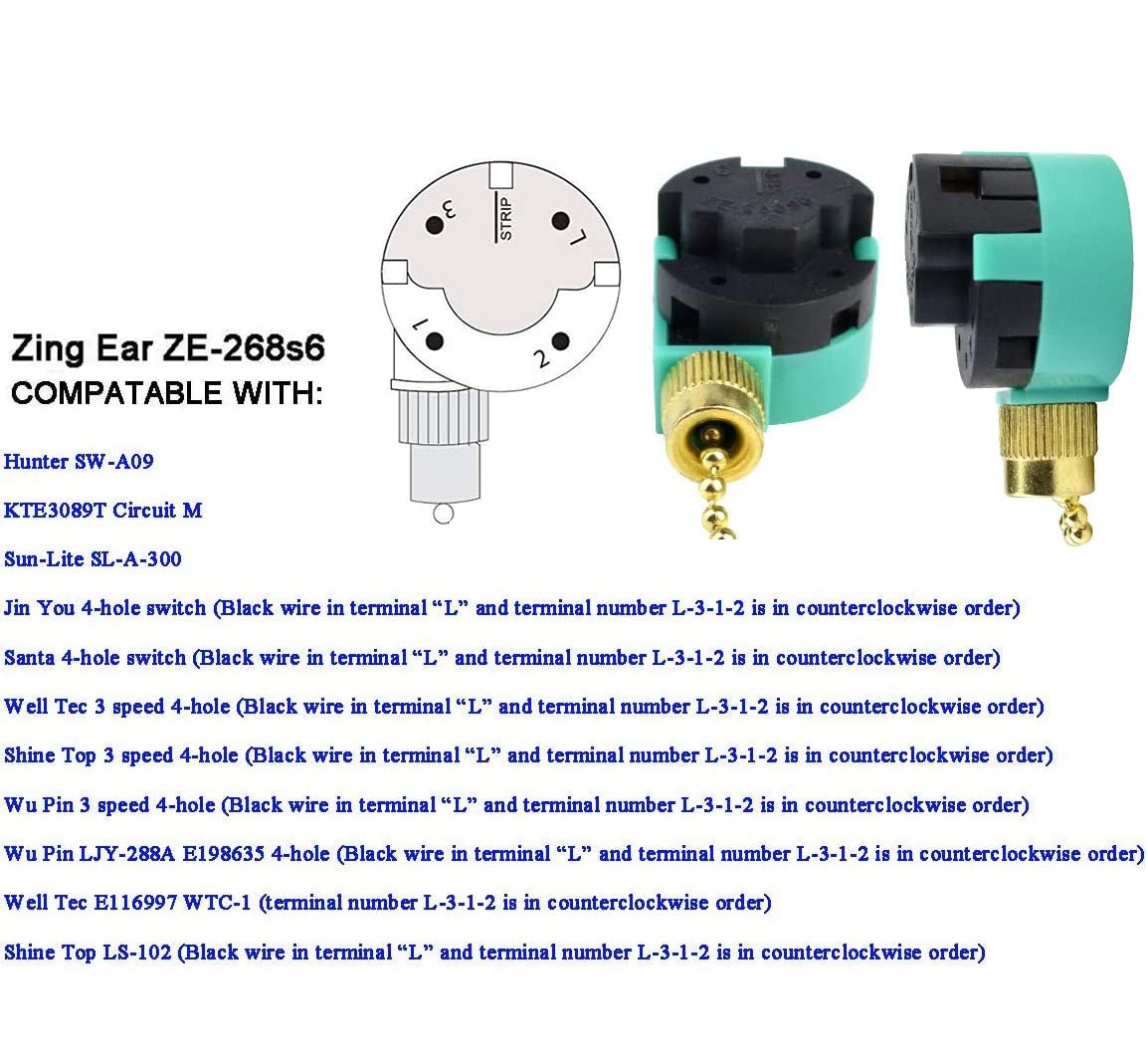 Akahttbn Ceiling Fan Switch ZE-268S6 3 Speed 4 Wire Bronze Zing Ear For Ceiling Light Fans Lamps and Wall Lights Pull Chain Switch Replacement On-Off with Pull Chain,1 Pack