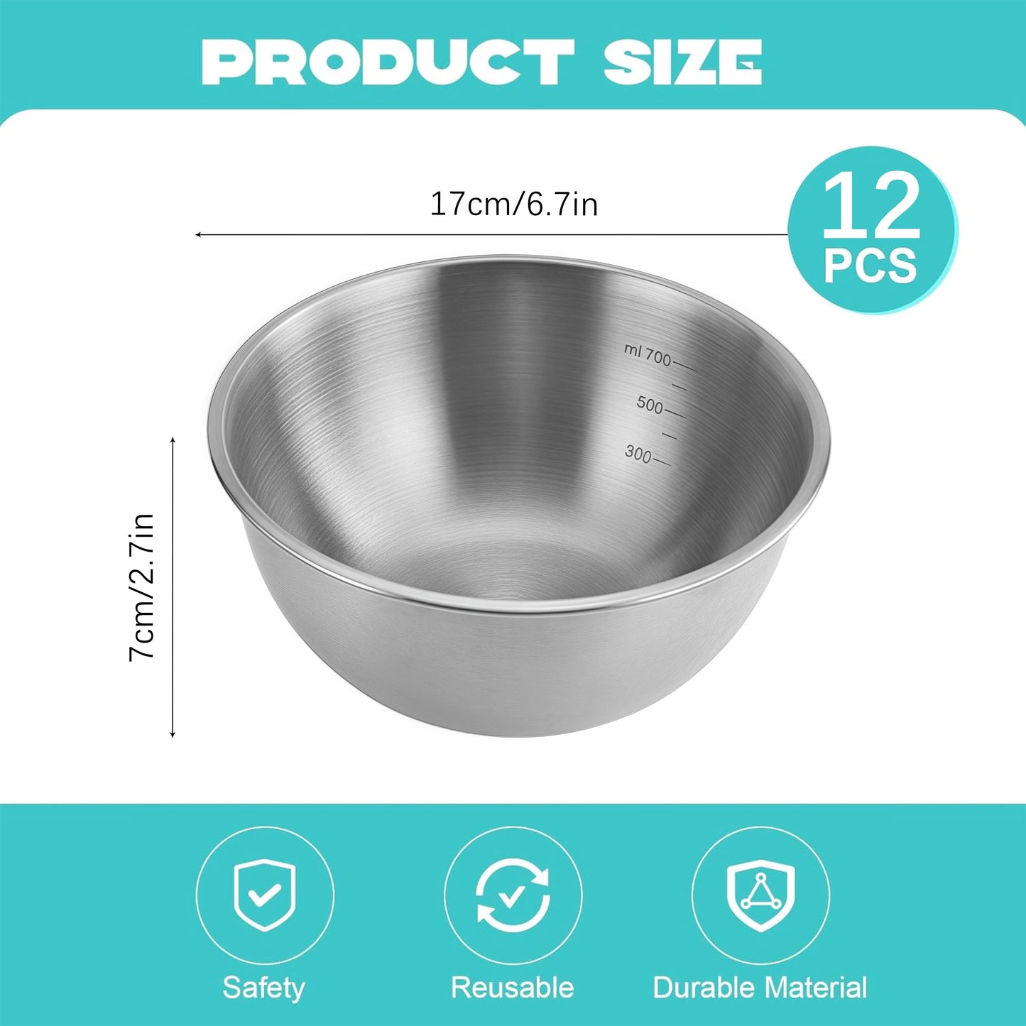 12 Pcs 304 Stainless Steel Mixing Bowls with Graduations, Metal Serving Salad Bowls, Reusable Baking Food Storage Containers for Baking, Cooking, Making Salads, Soups, Ice Cream, Noodles, cereal