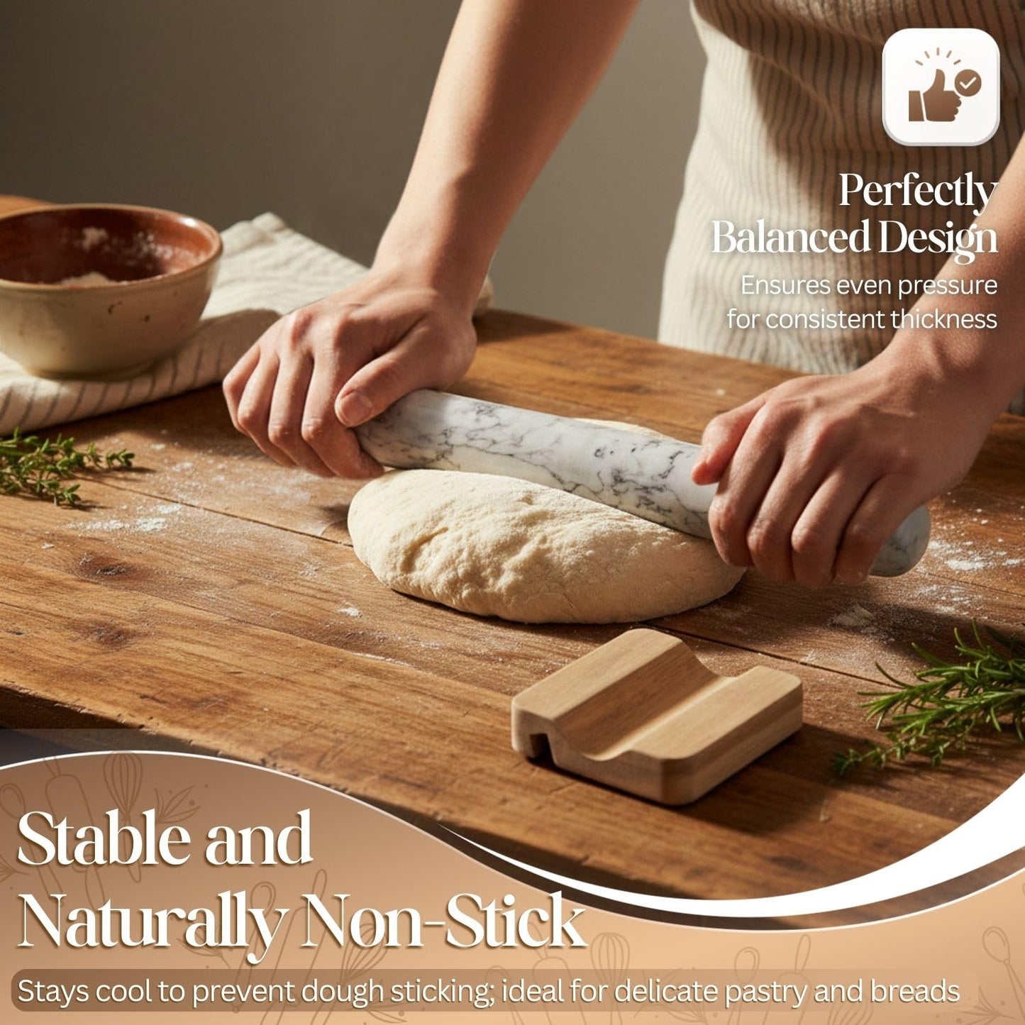 Flexzion French Rolling Pin, 12 Inch White Marble Rolling Pins for Baking with Wooden Base Holder Stand - Non-Stick Baking Roller for Baking Fondant, Crust, Pastry, Cookies, Pizza, Pasta