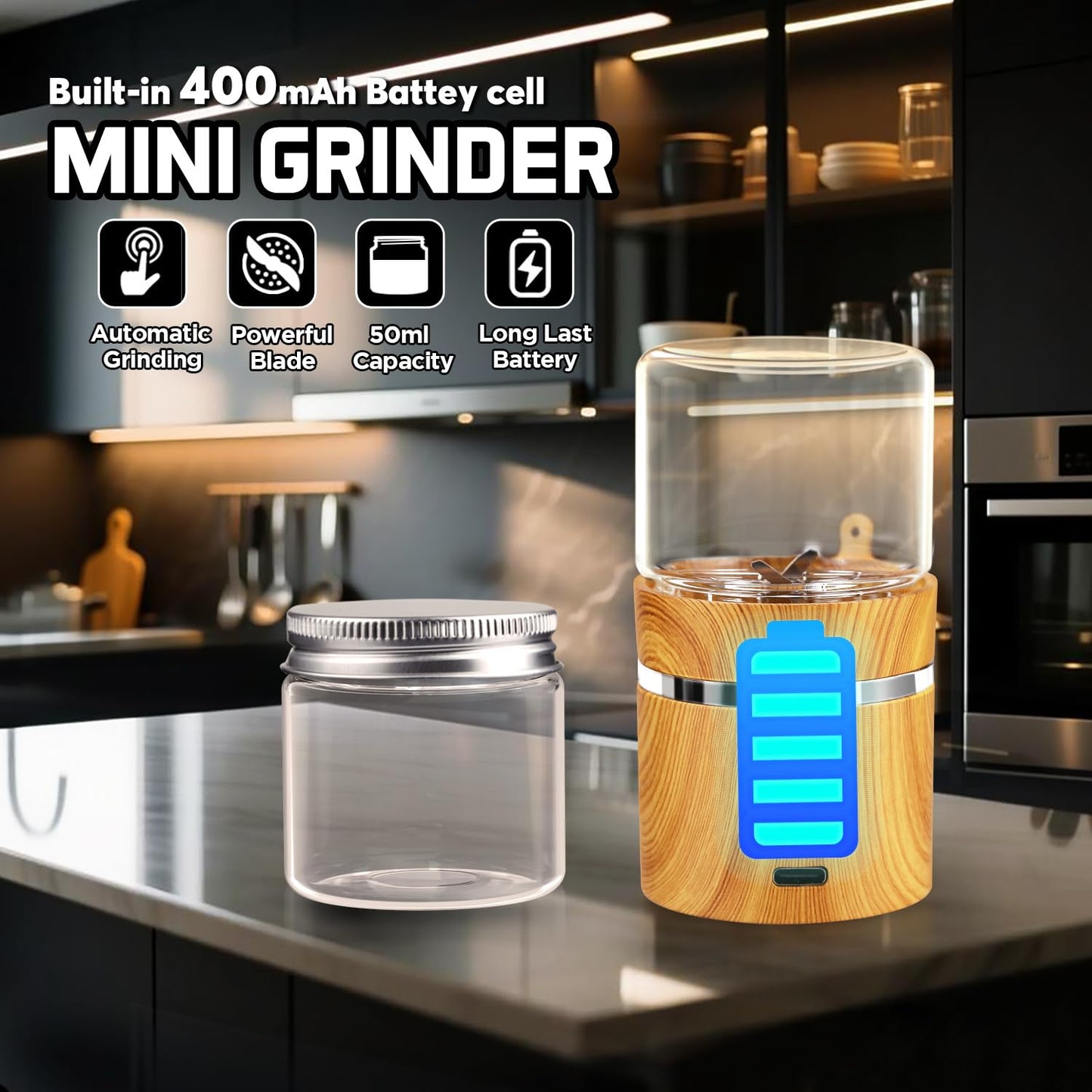 Electric Herb Grinder, Electric Spice Grinders Mini Size 2inx3.5inches with 2pcs 1.7oz/50ml Glass Jar Rechargeable Automatic Herb Grinder