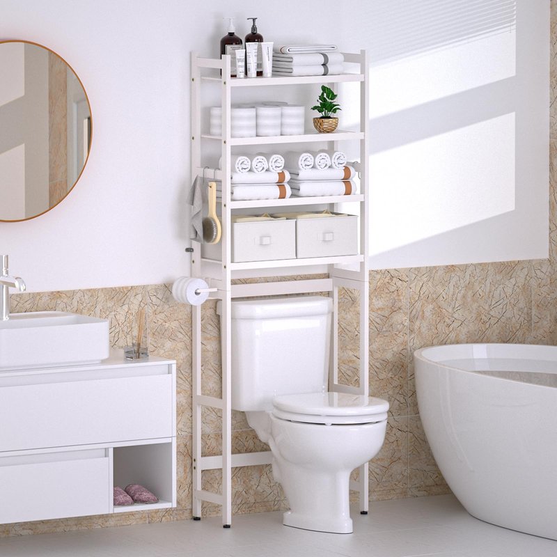 Cozivolife Over The Toilet Storage: 4-Tier Bamboo Organizer Rack with 2 Baskets & Paper Holder & 4 Hooks & Waterproof Feet Pad, Adjustable Freestanding Shelf for Bathroom (White)