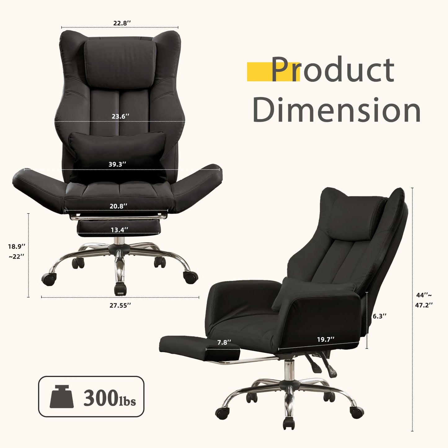 Ergonomic Cloud Cross Legged Office Chair with Footrest,Leather Big and Tall Executive Chair with Wheels,Reversible Armrest,155° Reclining Computer Wide Desk Chair for Home,Office (Black)