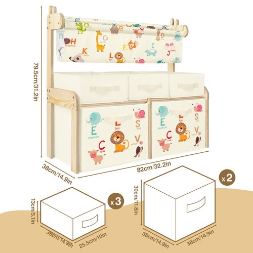 Kids Bookshelf Toy Storage Organizer Wooden Book Shelf with 1 Sling Bookcase and 5 Toy Bins,Toy Box for Boys Girls,3-Tier Nursery Book Shelves for Kids Rooms Bedroom,Playroom,Classroom,Animals