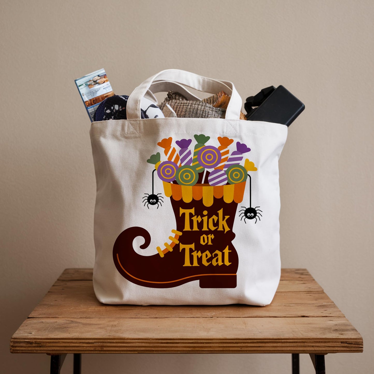 LRYBUD Trick or Treat Halloween Tote Bag for Women Canvas Womens Work Tote Bag Gifts