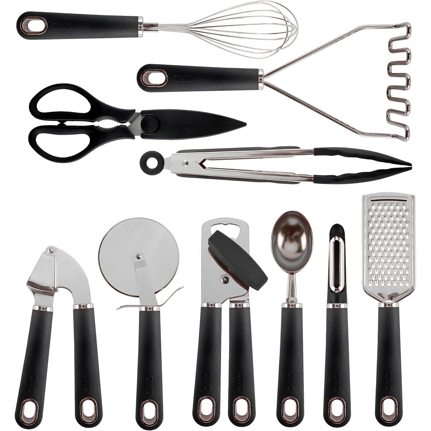COOK WITH COLOR Kitchen Gadget Set Stainless Steel Utensils with Soft Touch Handles, 7 Pieces, Stainless Steel Black