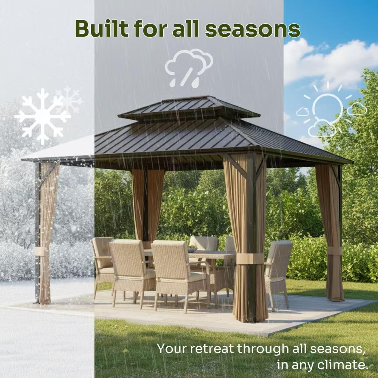 SOLUMIA 10x12ft Hardtop Gazebo, Metal Pavilion with Mesh Mosquito Netting & Curtains, All-Weather Outdoor Pergola for Garden, Patio, and Backyard(A Set of 2 Boxes)