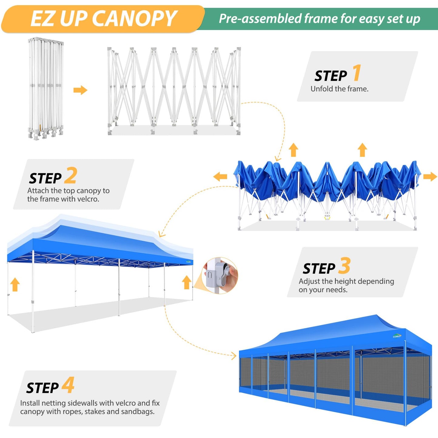 COBIZI 10x30 Pop Up Canopy with Sidewalls, Heavy Duty Canopy with Mosquito Netting, Easy up Screen Party Tents for Parties Backyard Outdoor Commercial Event Gazebo with Roller Bag, Sandbags, Blue