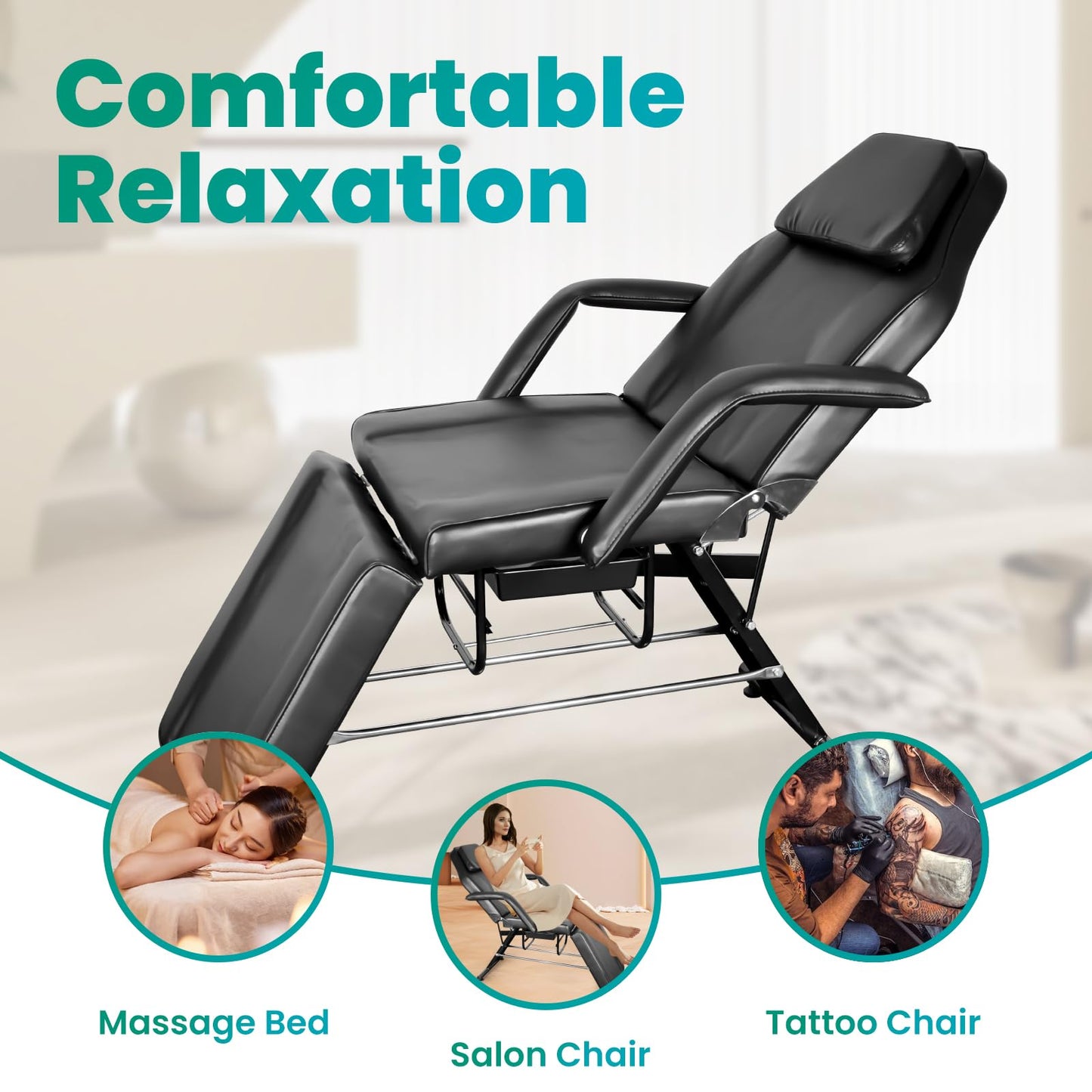 Professional Tattoo Chair for Client, Heavy Duty Facial Bed and Esthetician Massage Table with Hydraulic Rolling Stool & Storage Baskets, Multi-Purpose Lash Bed for Salon Spa Beauty Equipment, Black
