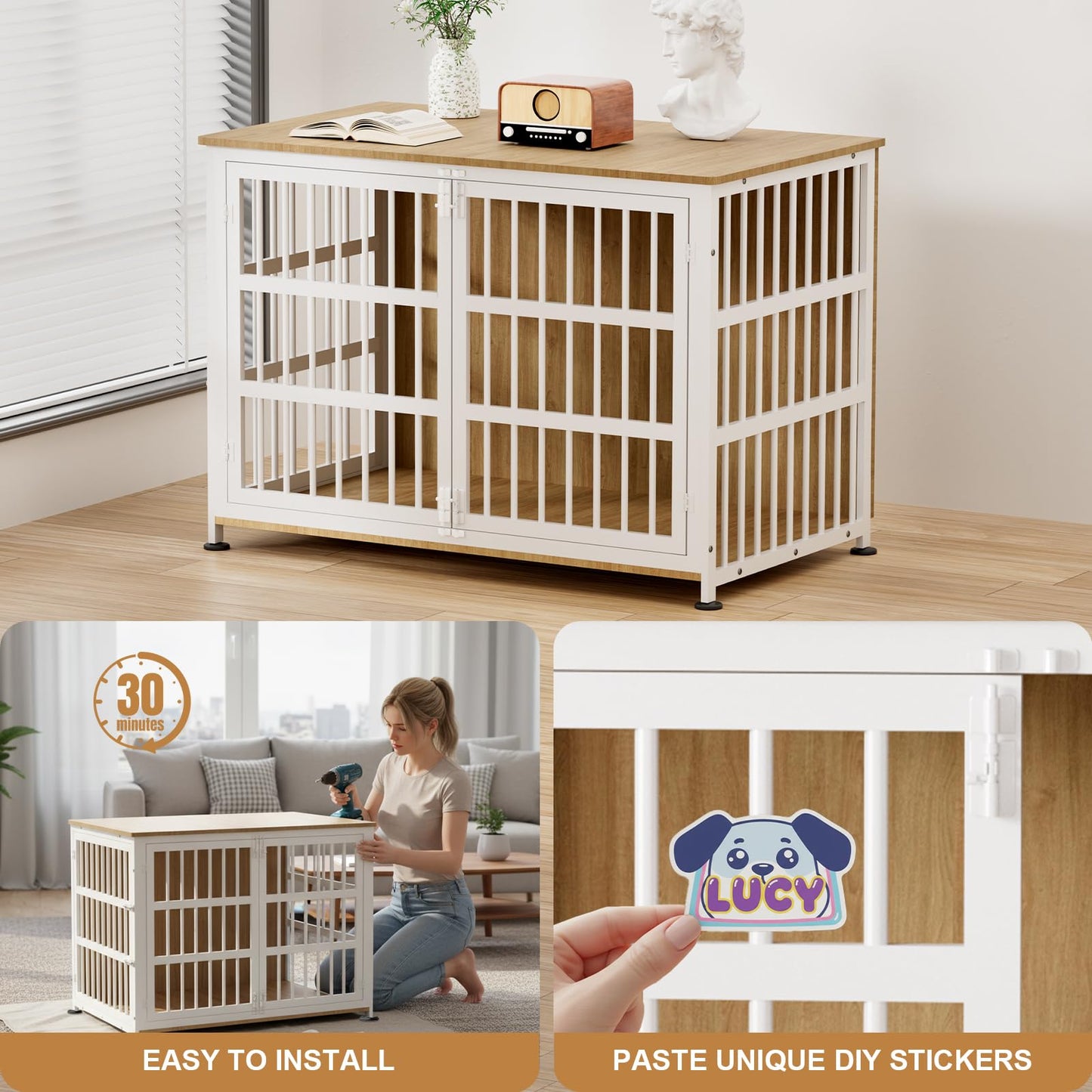 46" Dog Crate Furniture with Wheels, XXL Heavy Duty Dog Kennel Indoor for XL Dogs, Metal Chew-Proof Dog Cage, 45.9" L x 27.6" W x 32.4" H, Decorate House as TV Stand, End Table — Natural and White