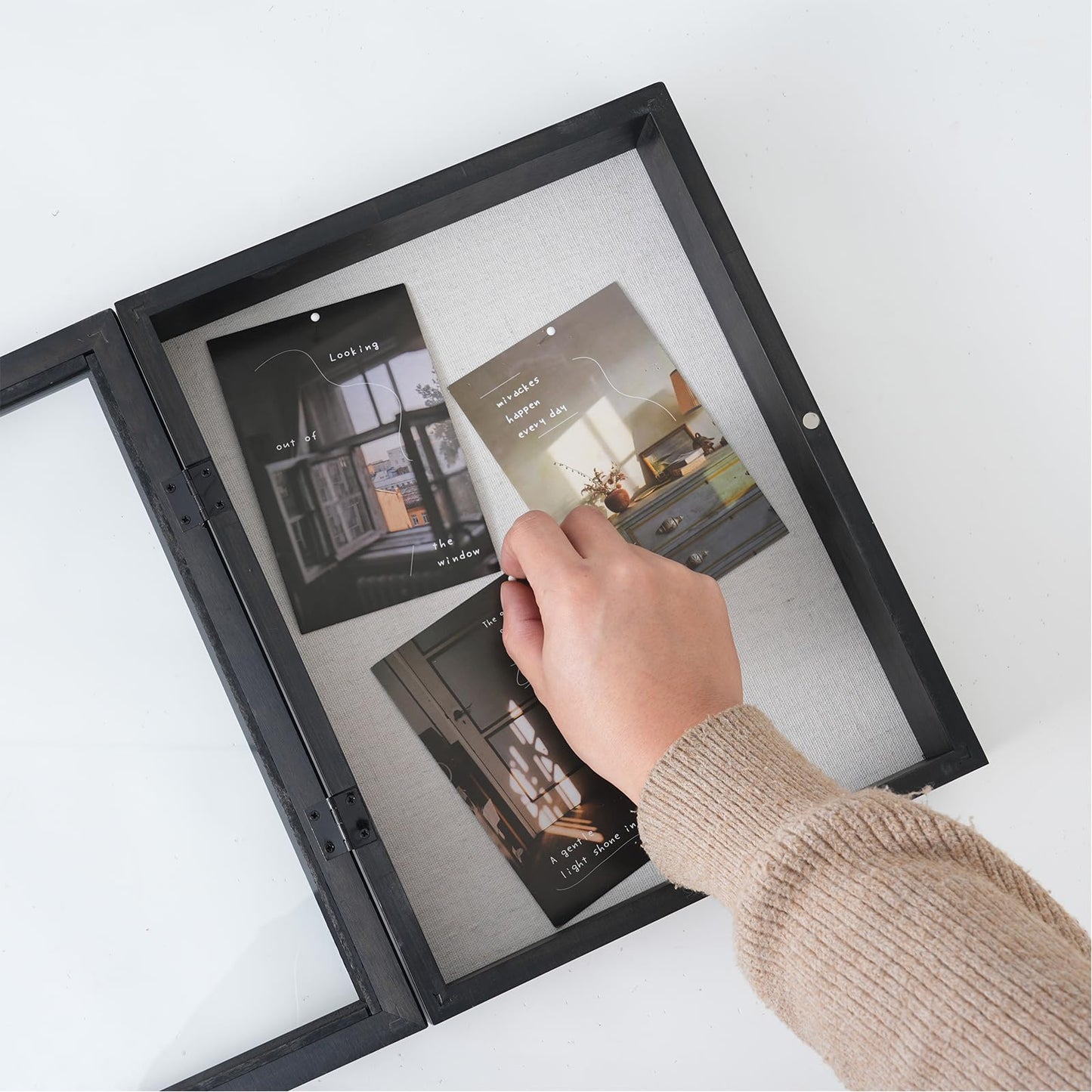 Shadow Box Frame 11x14 - 2" Interior Deep Solid Wood & Glass Display Case with Unique Beads Door, Deep Memory Box for Photos, Memorabilia, Collections, Awards, Tickets-Black