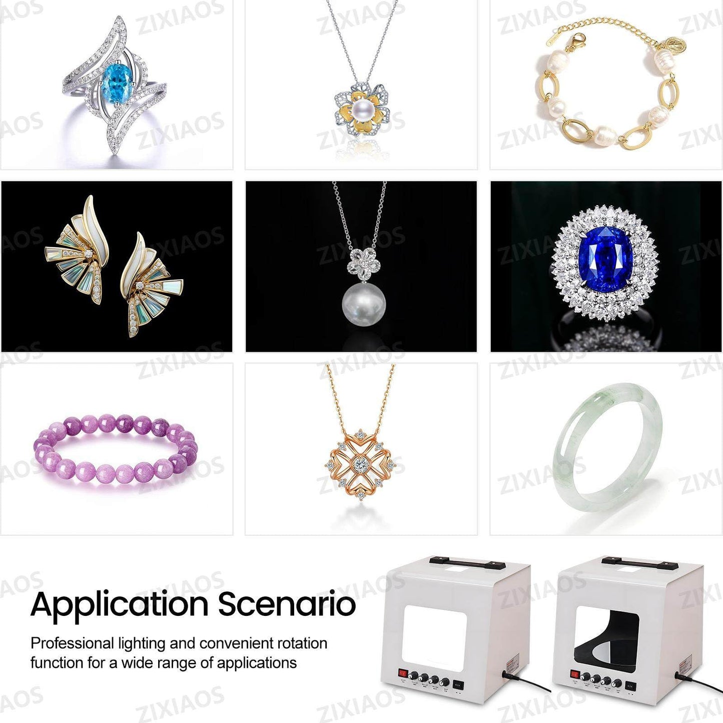 ZIXIAOS Jewelry Photography Light Box Kit with 360° Electric Rotating Feature, 4PCS Fill Lights-Adjustable Brightness,Mini Photo Studio Softbox,Support Jewelry Hanging or Placing 20cm