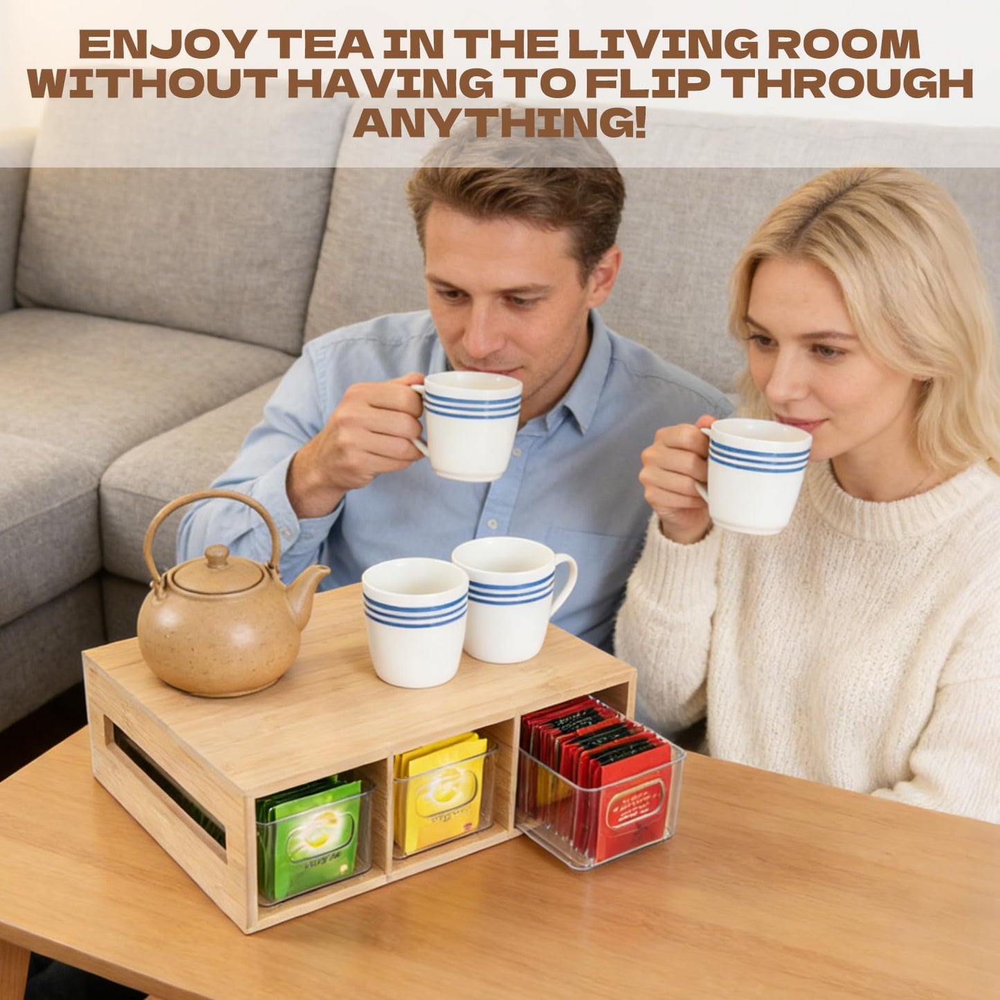Tea Bag Organizer, Bamboo and Acrylic Tea Bag Holder with 3 Drawers, Wooden Tea Storage Organizer for Countertop, Sturdy Tea Chest Boxes for Shelf, Coffee Station, Sugar Packet, Small Packets