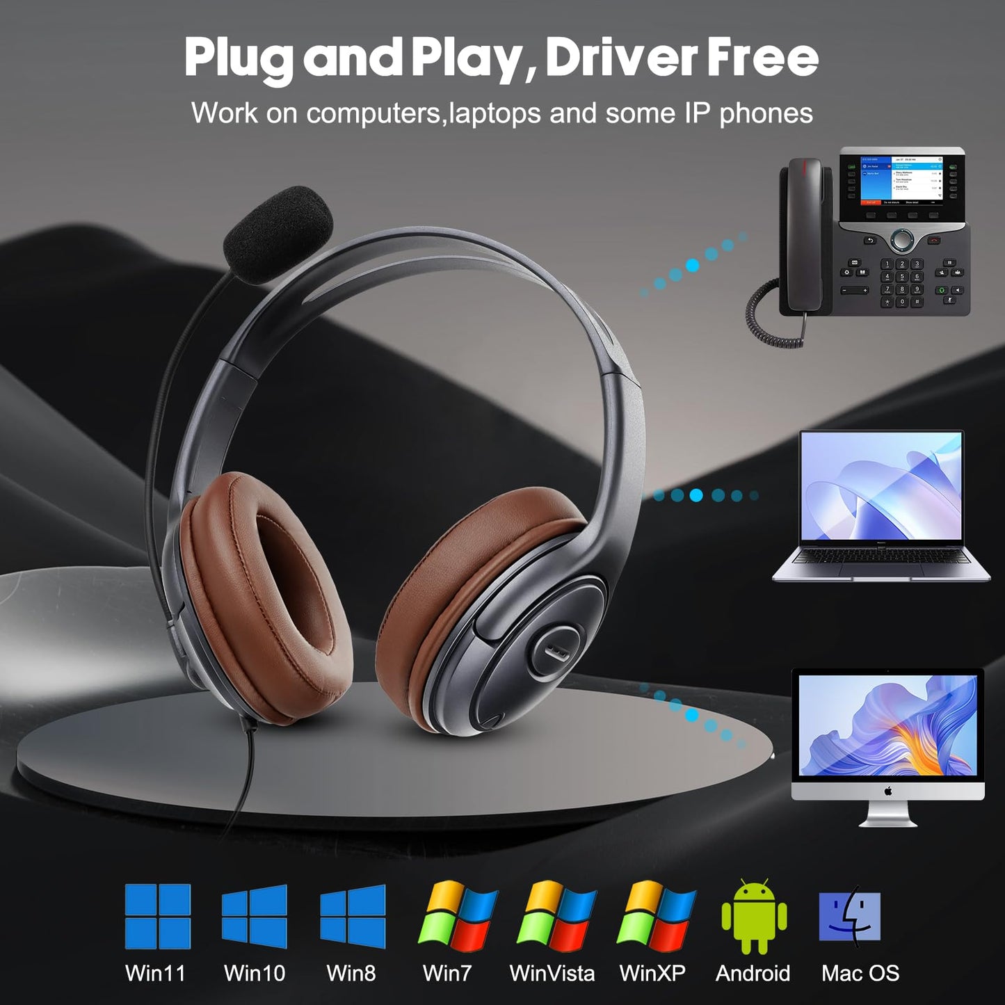 EMAIKER Noise Canceling USB Headphones with Microphone & in-Line Controls for Dragon Dictation, Over Ear PC Headphones for Office Work from Home Skype Teams Zoom Meeting WebEx Softphone