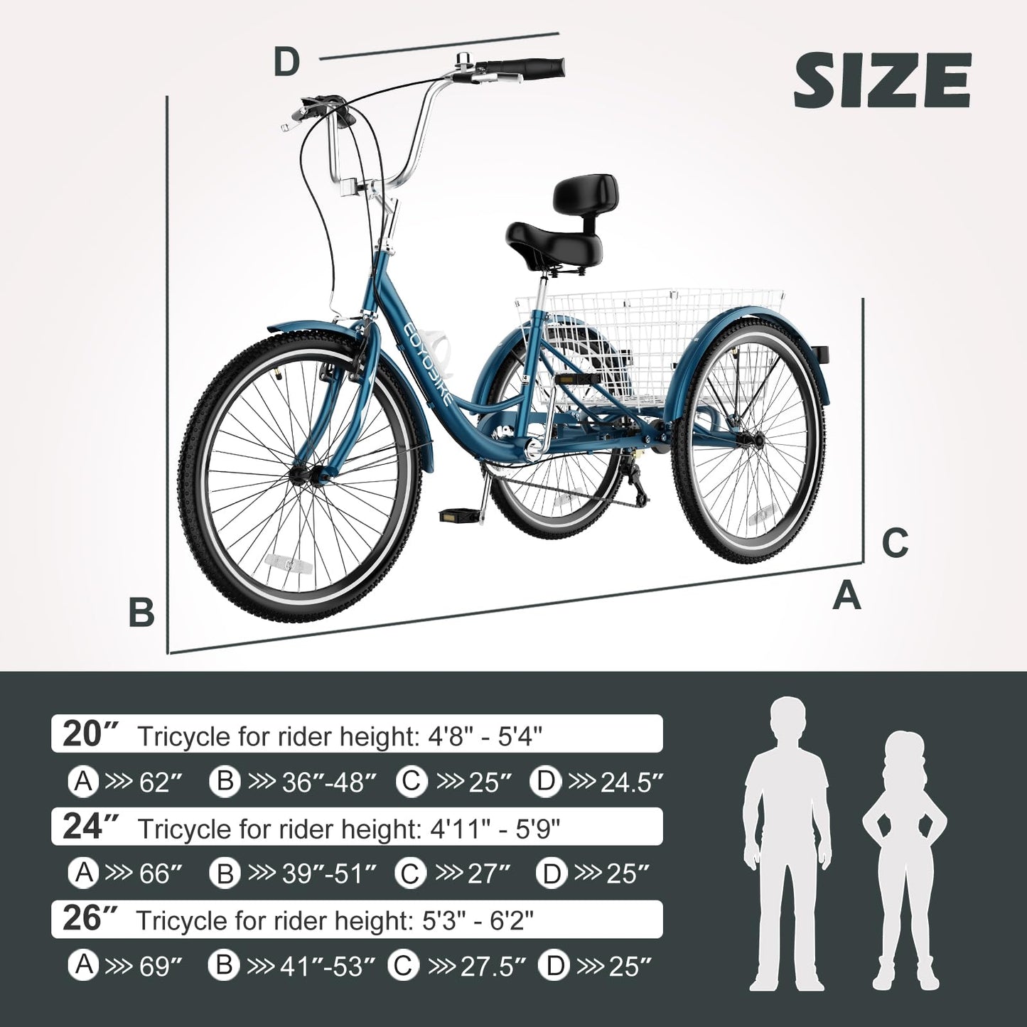 H&ZT Adult Tricycle, 3 Wheeled Bike, Trike Cruiser Bike, with 7-Speed Gear, Parking Brake Handle, Low Step, Large Rear Basket, Elderly Friendly, for Men, Women, and Teens