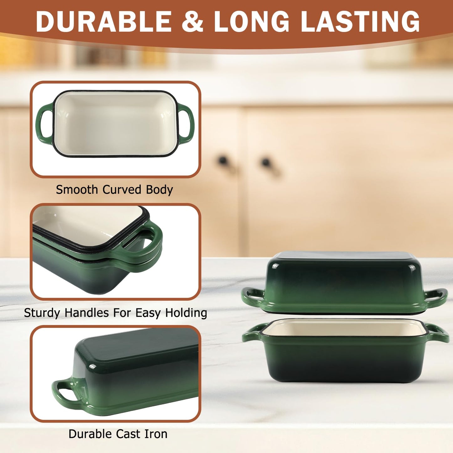 9 x 5 Inch Bread Pan Enameled Cast Iron Loaf Pan with Lid for Baking, 2 in 1 Non-stick Sourdough Bread Loaf Pan for Homemade Bread, Oven & Stovetop Safe for Gas, Electric & Induction, Green